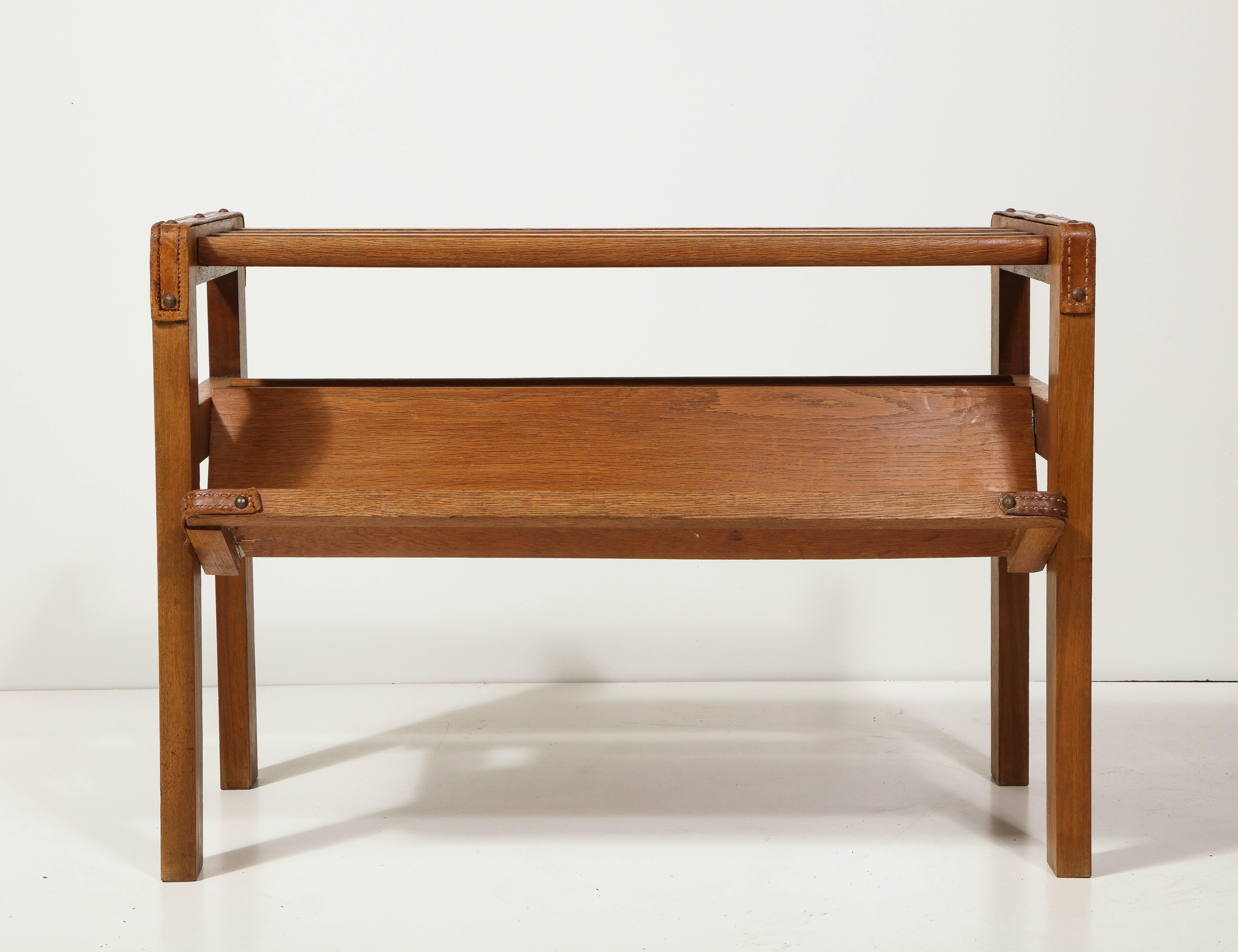 Oak and Leather Magazine Rack by Jacques Adnet, France, C. Mid-20th Century For Sale 5