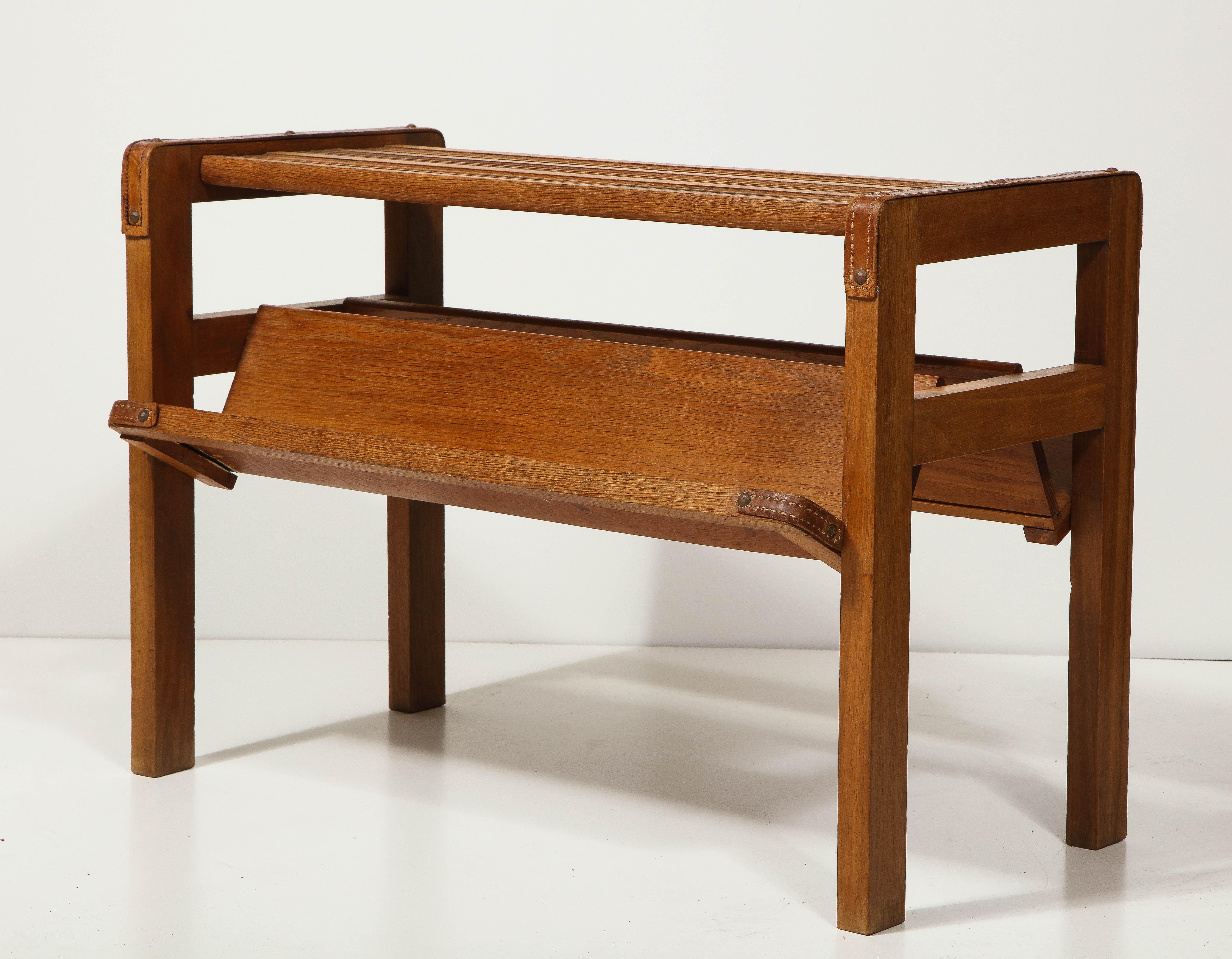 Oak and Leather Magazine Rack by Jacques Adnet, France, C. Mid-20th Century For Sale 6