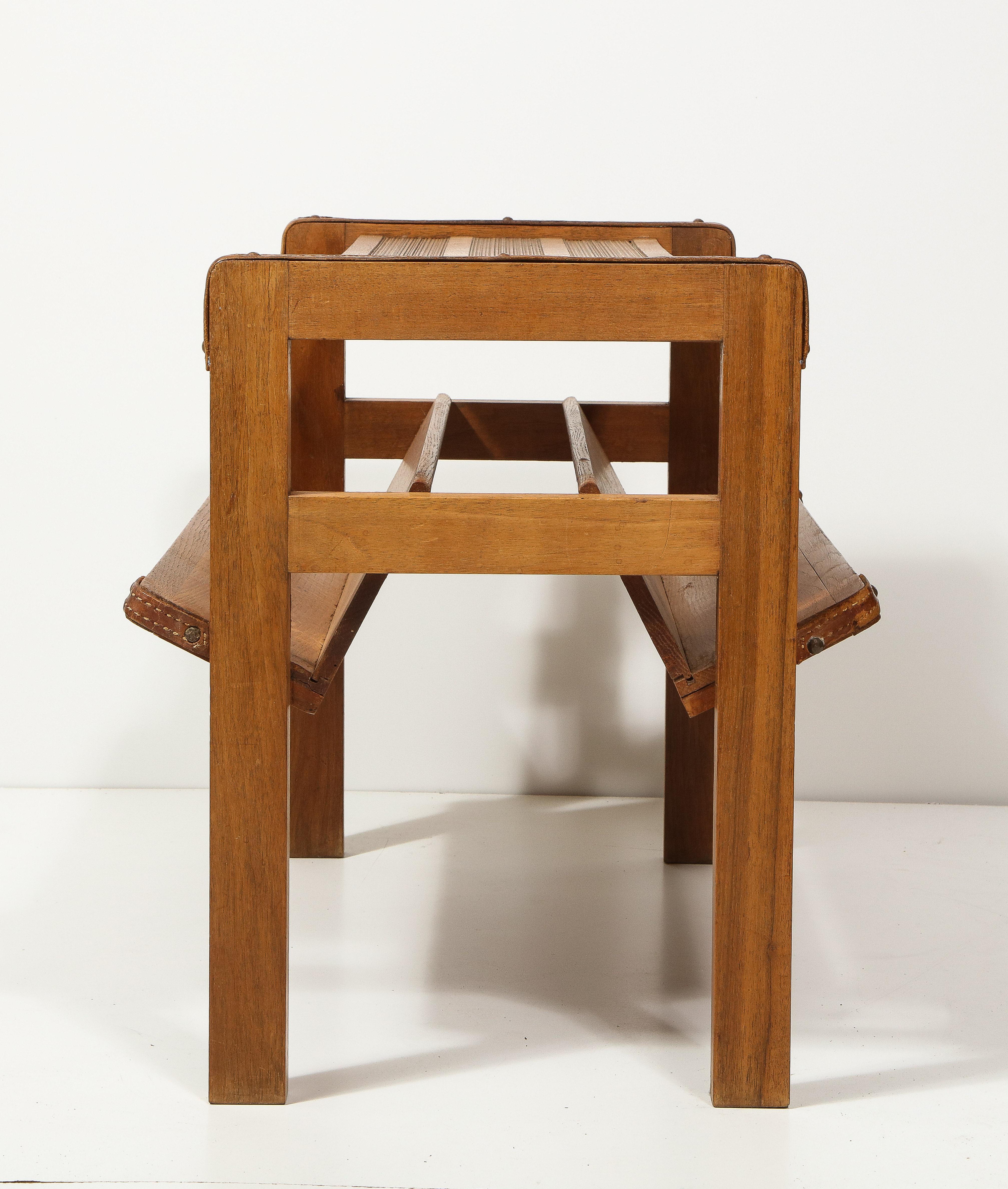 Oak and Leather Magazine Rack by Jacques Adnet, France, C. Mid-20th Century For Sale 7