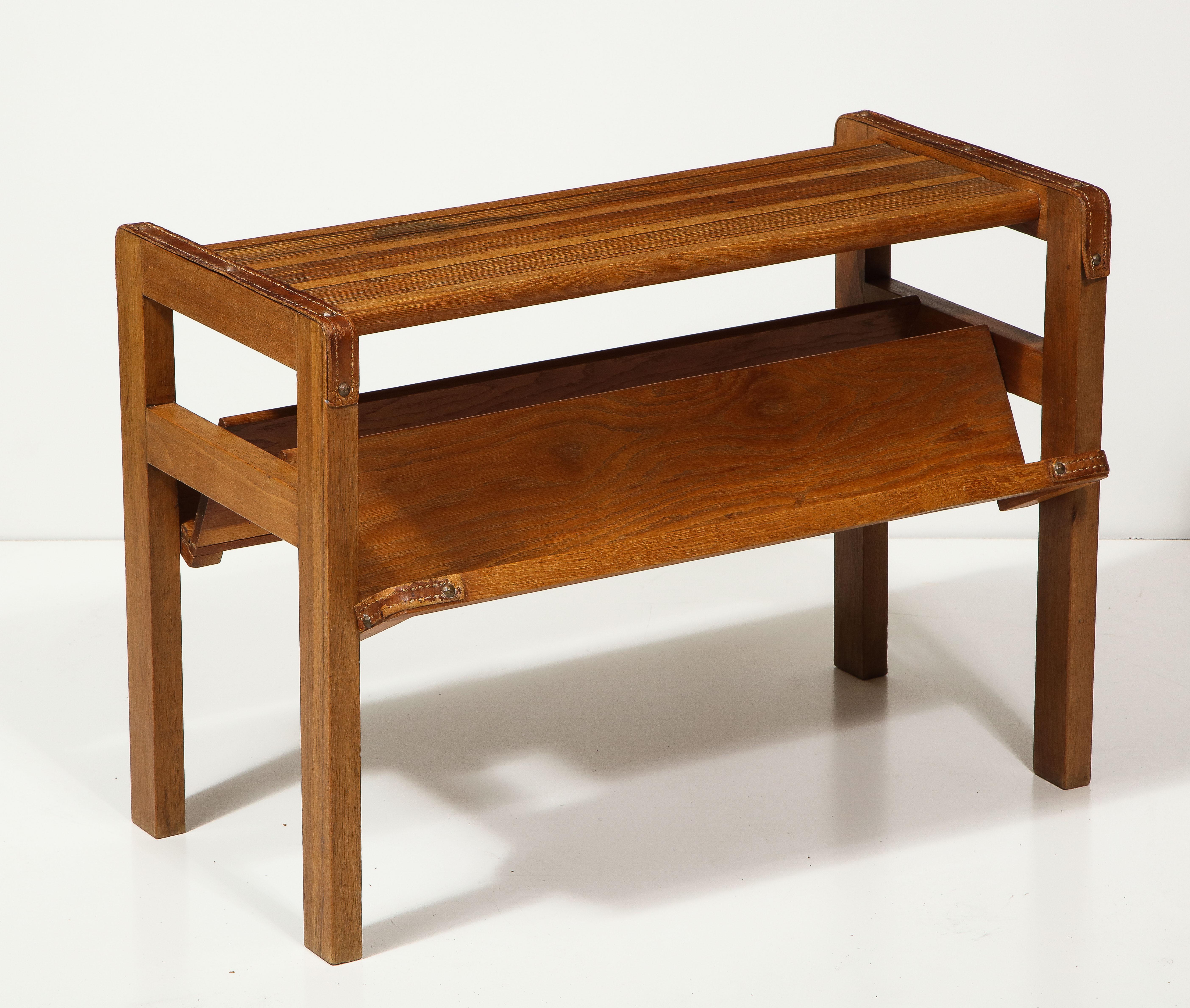 Mid-Century Modern Oak and Leather Magazine Rack by Jacques Adnet, France, C. Mid-20th Century For Sale