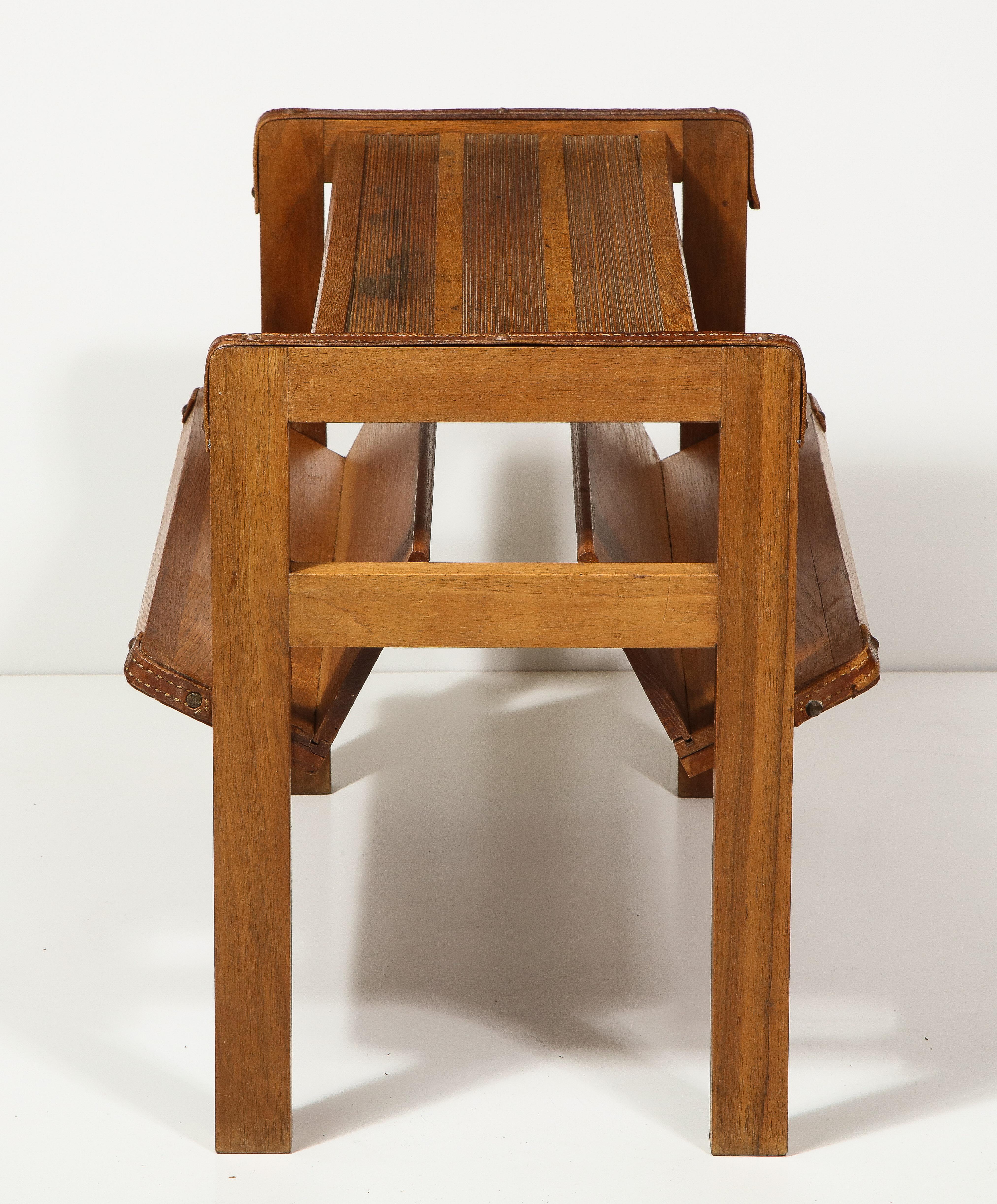 French Oak and Leather Magazine Rack by Jacques Adnet, France, C. Mid-20th Century For Sale