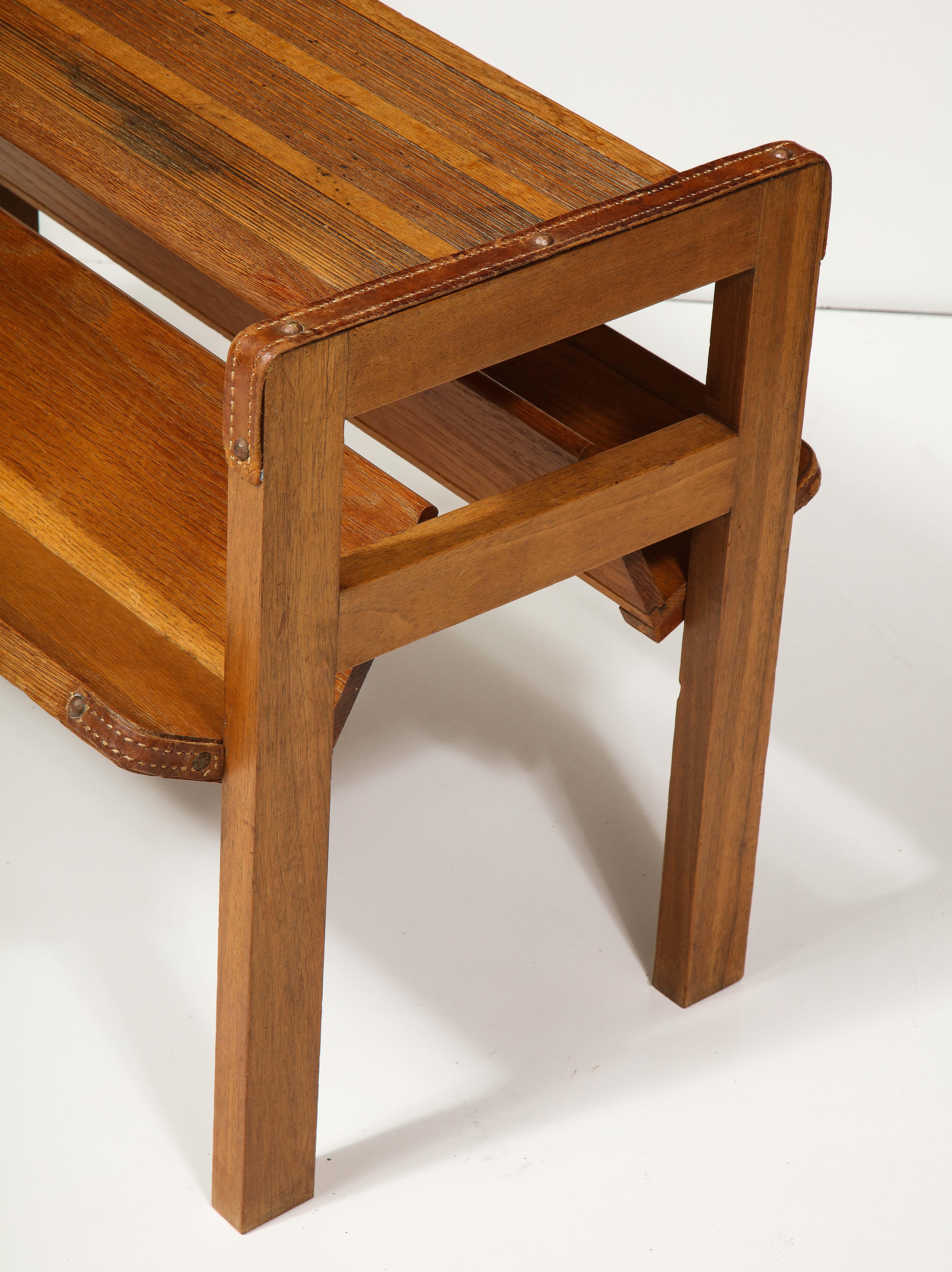 Oak and Leather Magazine Rack by Jacques Adnet, France, C. Mid-20th Century For Sale 1