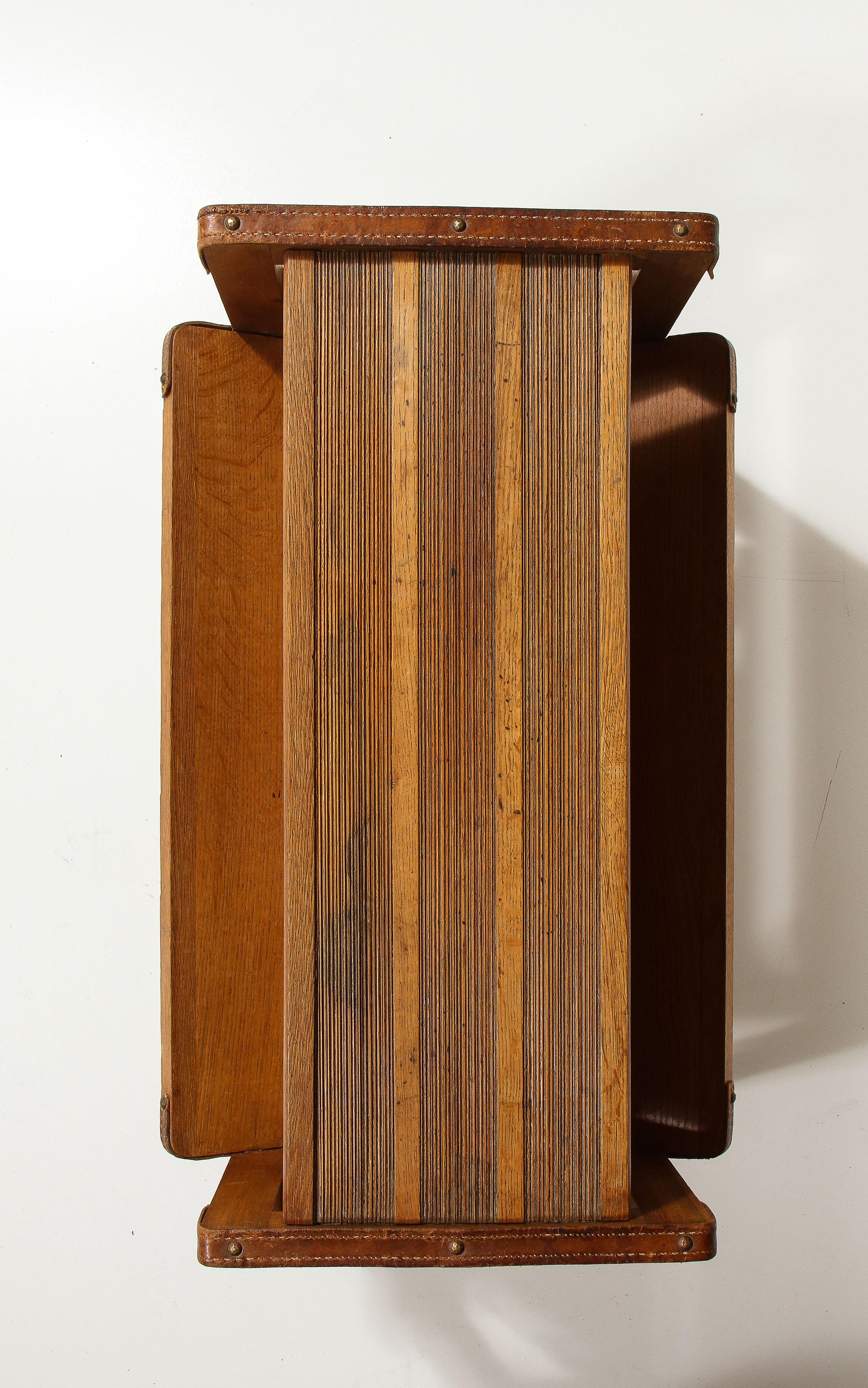 Oak and Leather Magazine Rack by Jacques Adnet, France, C. Mid-20th Century For Sale 3