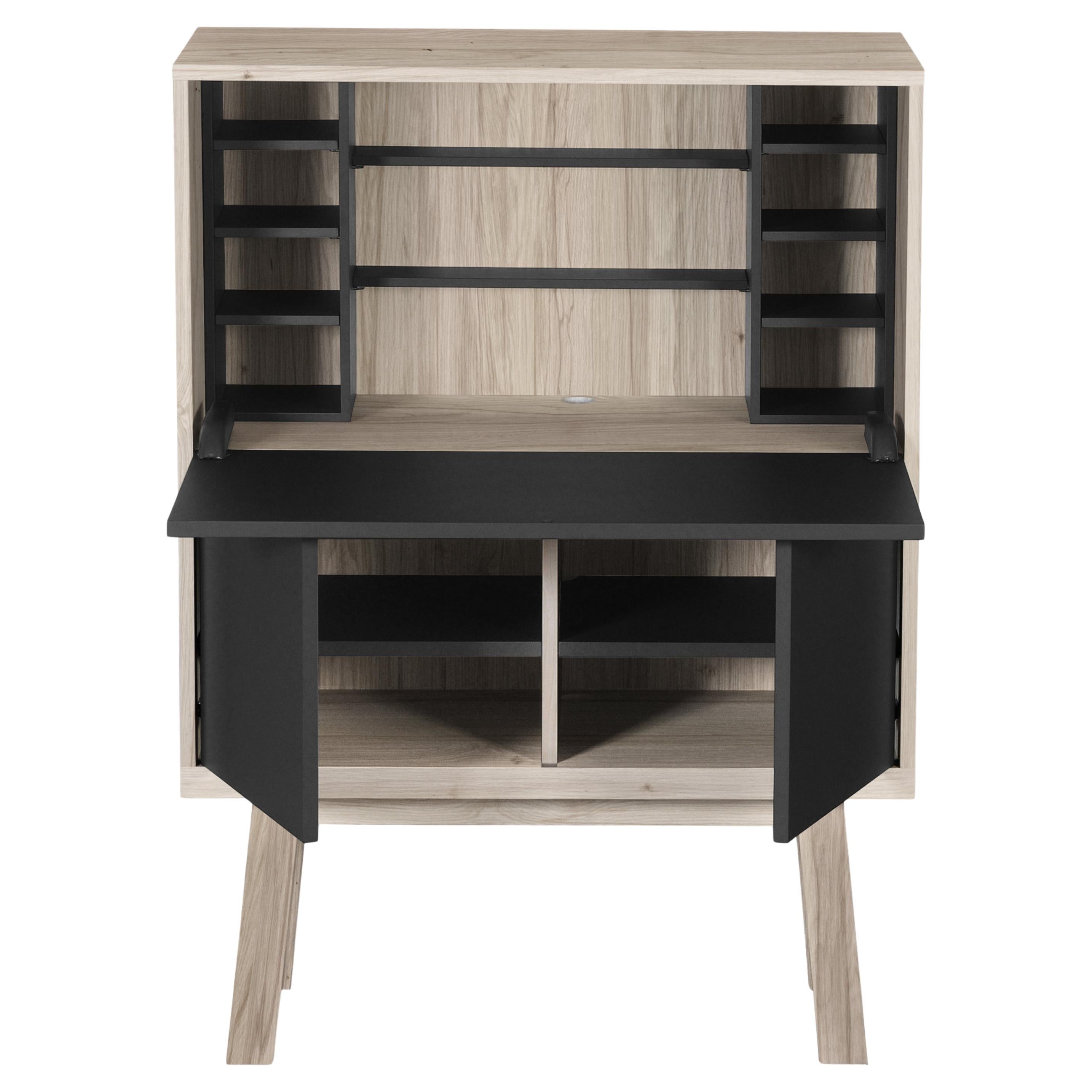Oak and matte black lacquered French secrétaire, designed by Eric Gizard, Paris For Sale