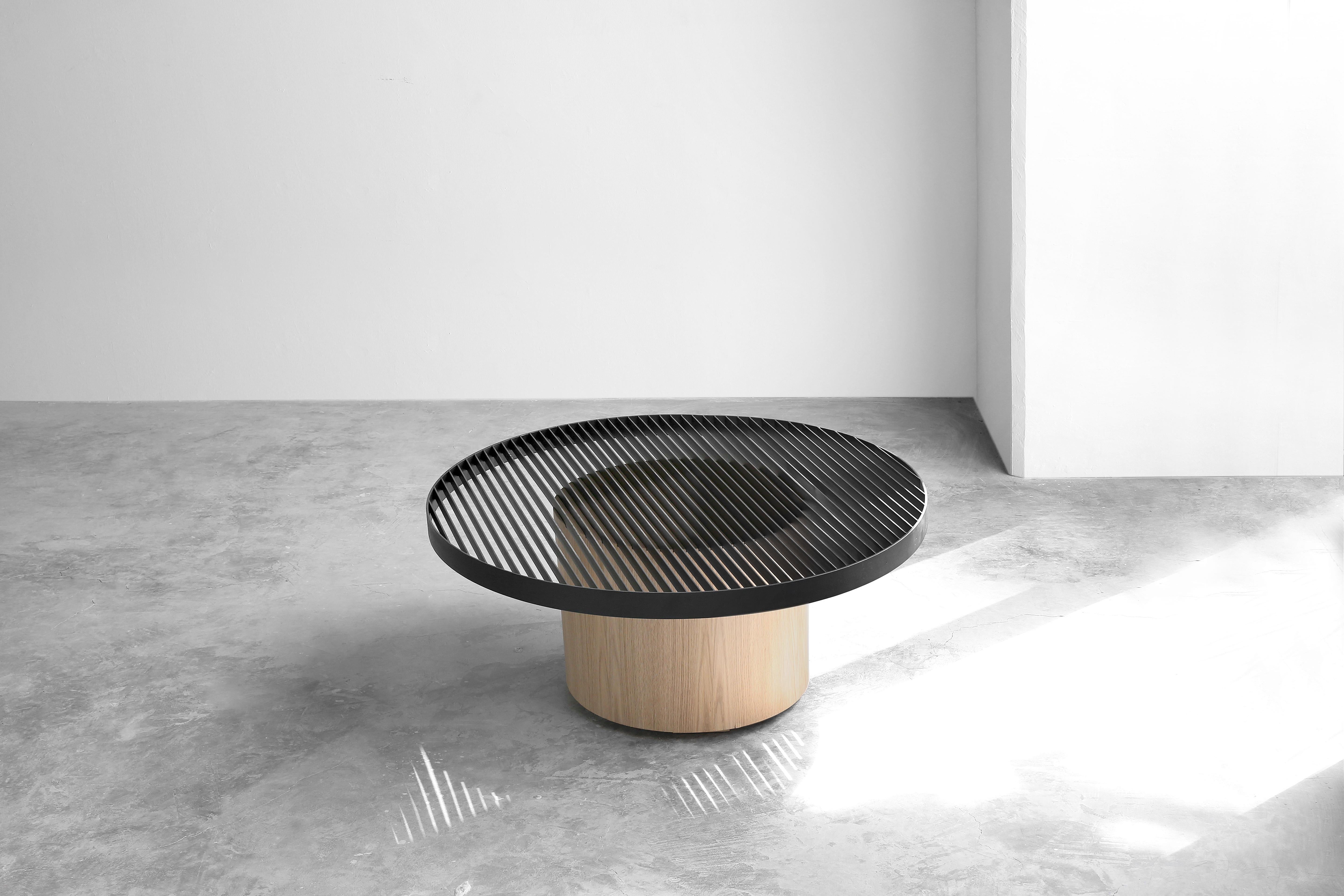Painted Laws of Motion Round Coffee Table in Oak and Metal Finish by Joel Escalona