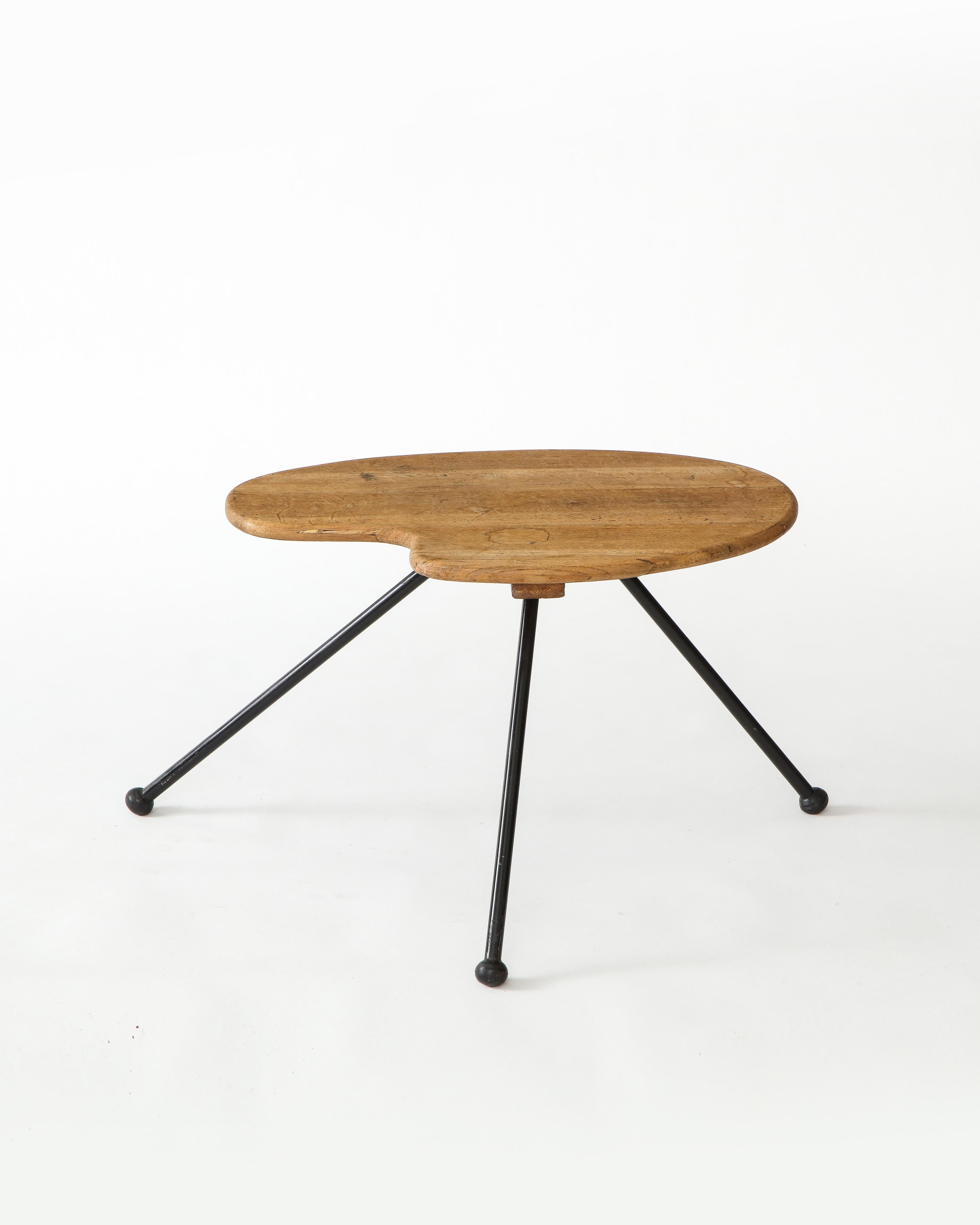 French Oak and Metal Splayed Leg Modernist Side Table, France, 1950s