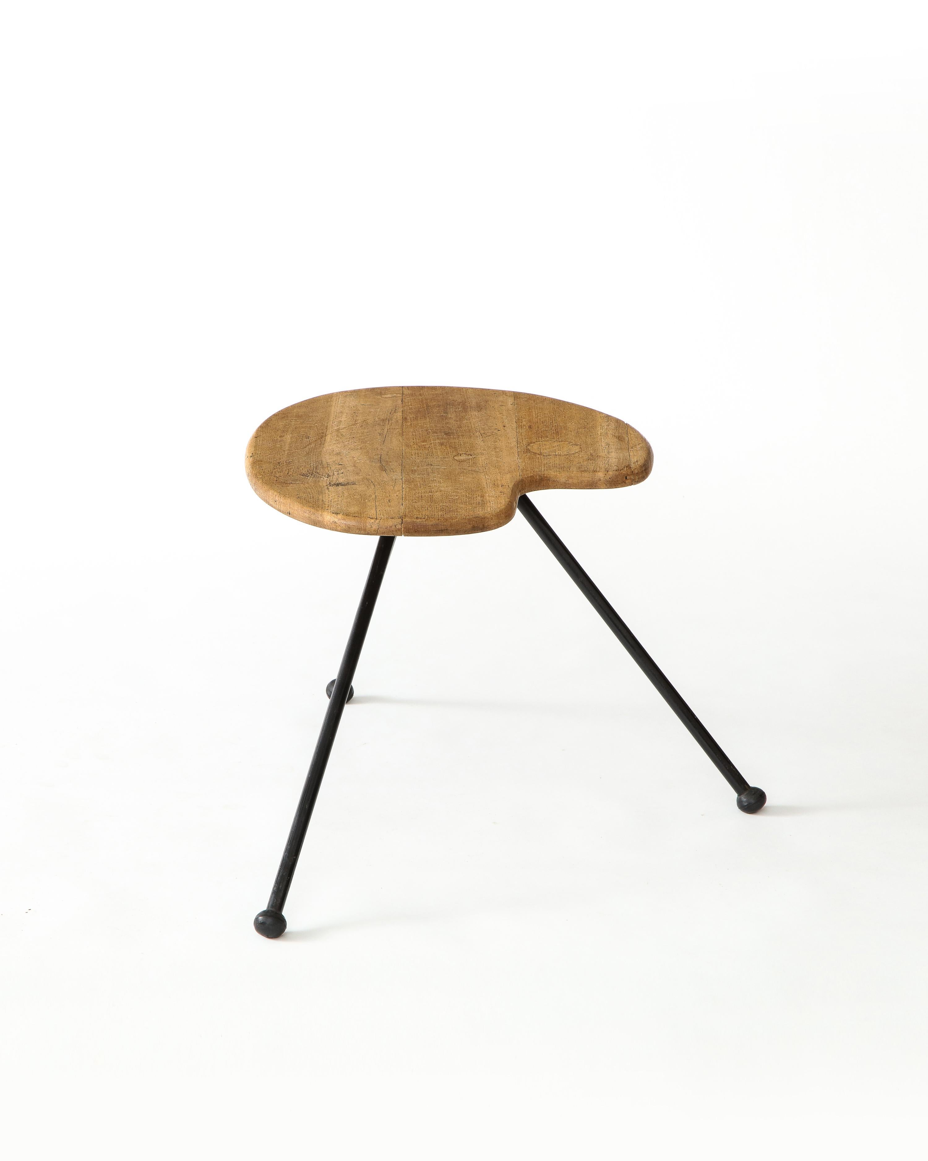 Blackened Oak and Metal Splayed Leg Modernist Side Table, France, 1950s