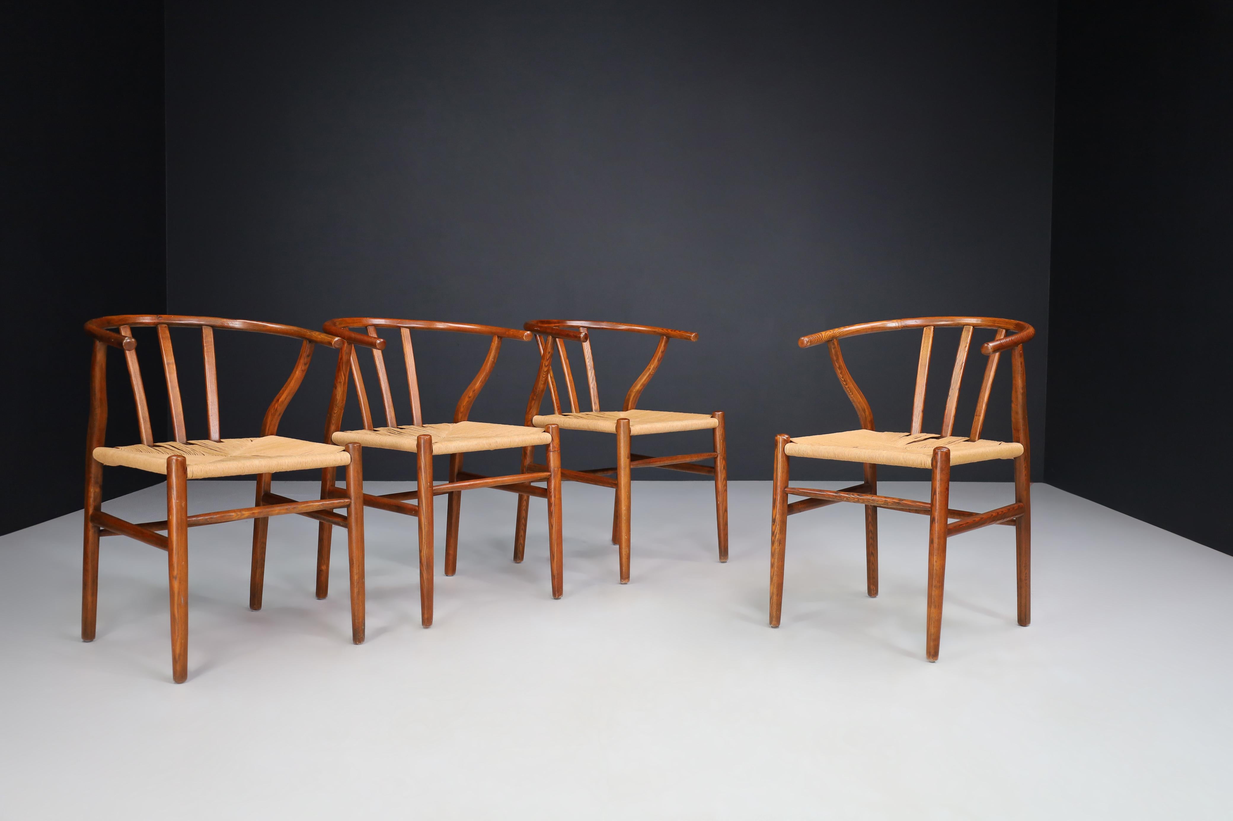Mid-Century Modern Oak and Papercord Armchairs or Dining Chairs, Denmark 1960s.   For Sale
