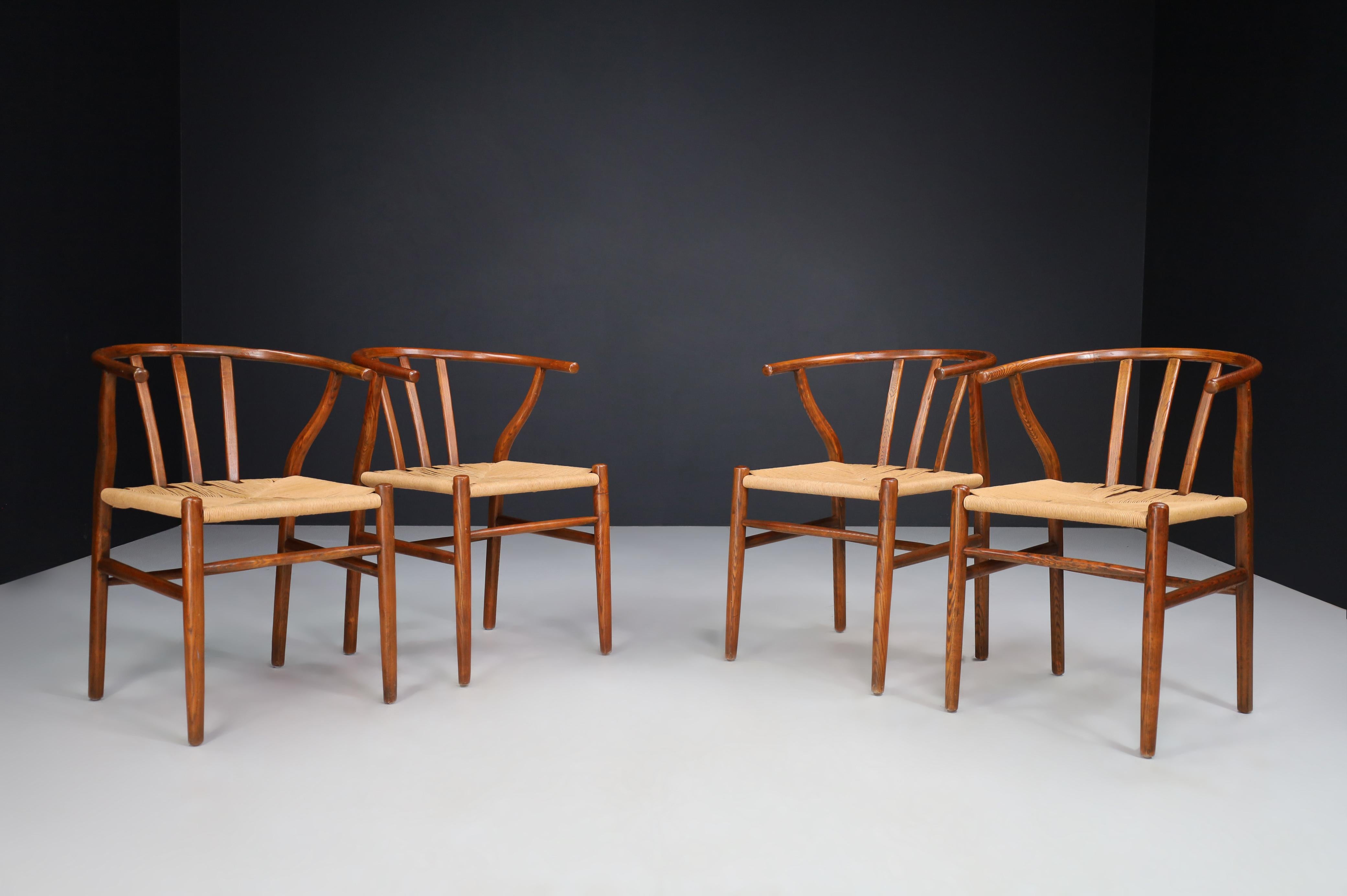 Danish Oak and Papercord Armchairs or Dining Chairs, Denmark 1960s.   For Sale