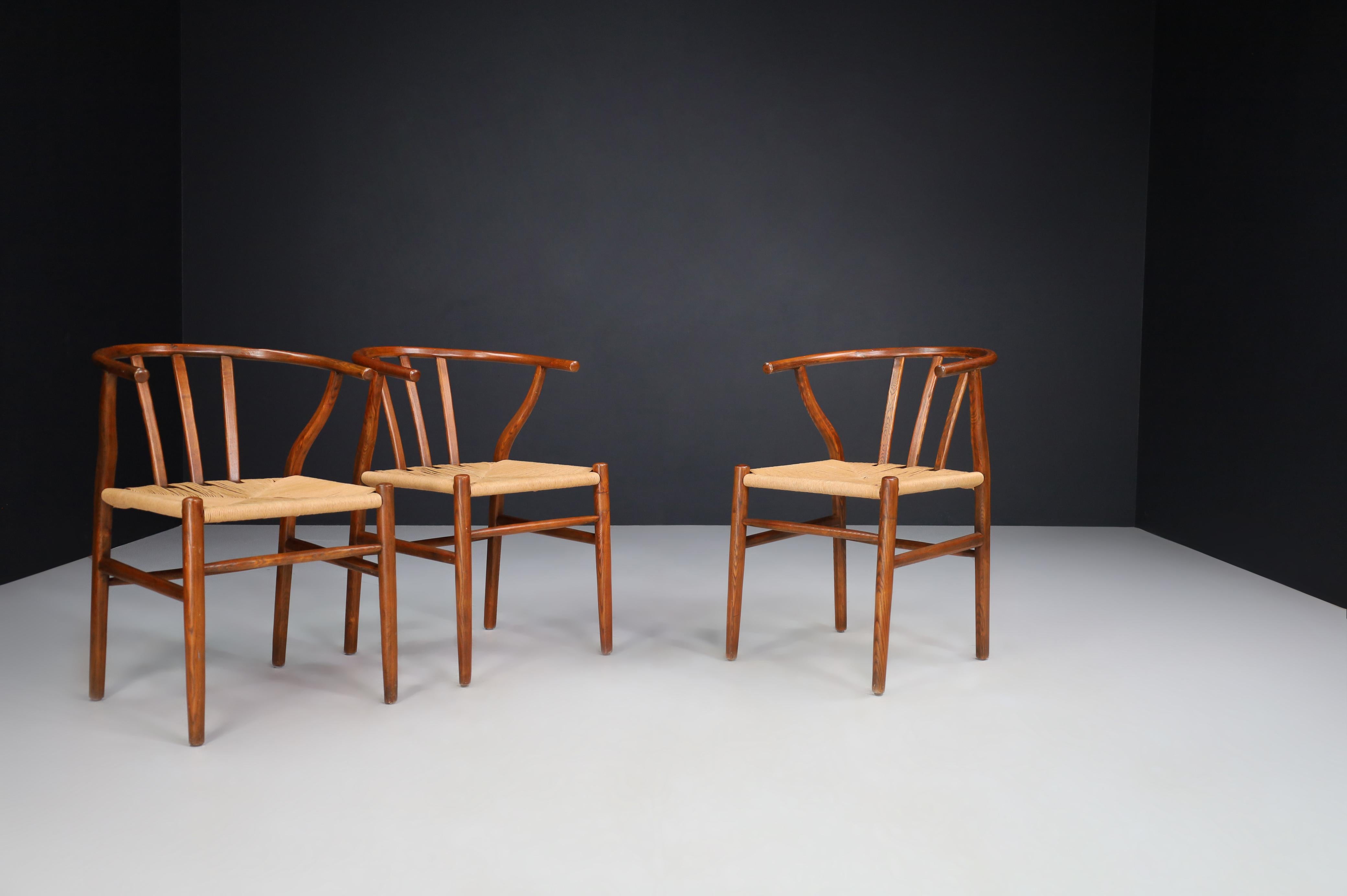 Oak and Papercord Armchairs or Dining Chairs, Denmark 1960s.   In Good Condition For Sale In Almelo, NL