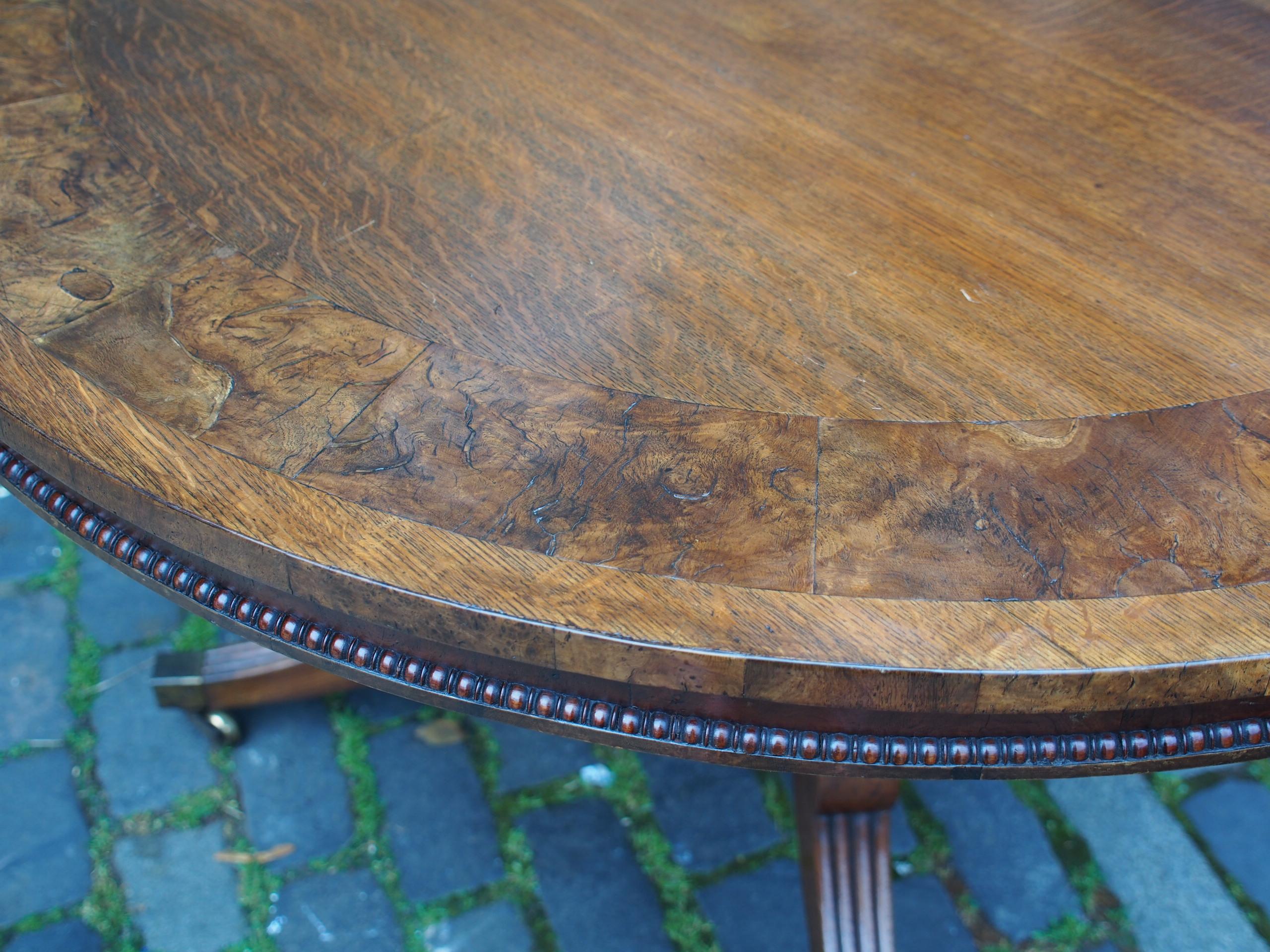Circa 1815, regency circular oak and pollard oak breakfast table by William Trotter of Edinburgh. With its solid oak top, large 12cm banding of pollard oak, simple fore-edge and shallow cross-banded and beaded frieze with further pollard oak