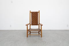 Mid-Century Oak Frame High Back Throne Chair with Rattan Seat and Backrest