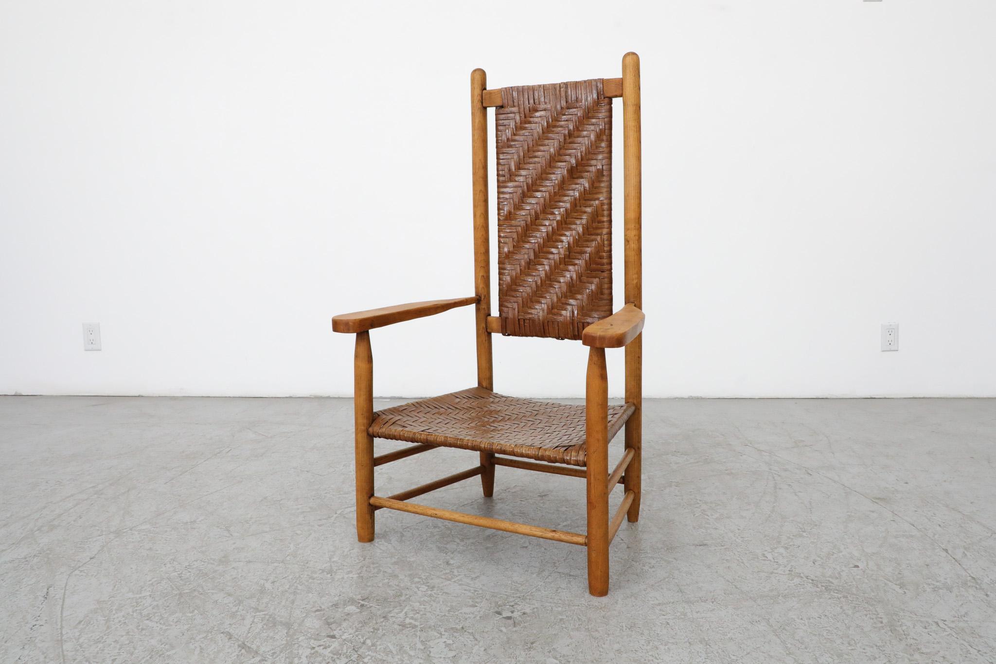 Oak and Rattan High back Throne Chair For Sale 3