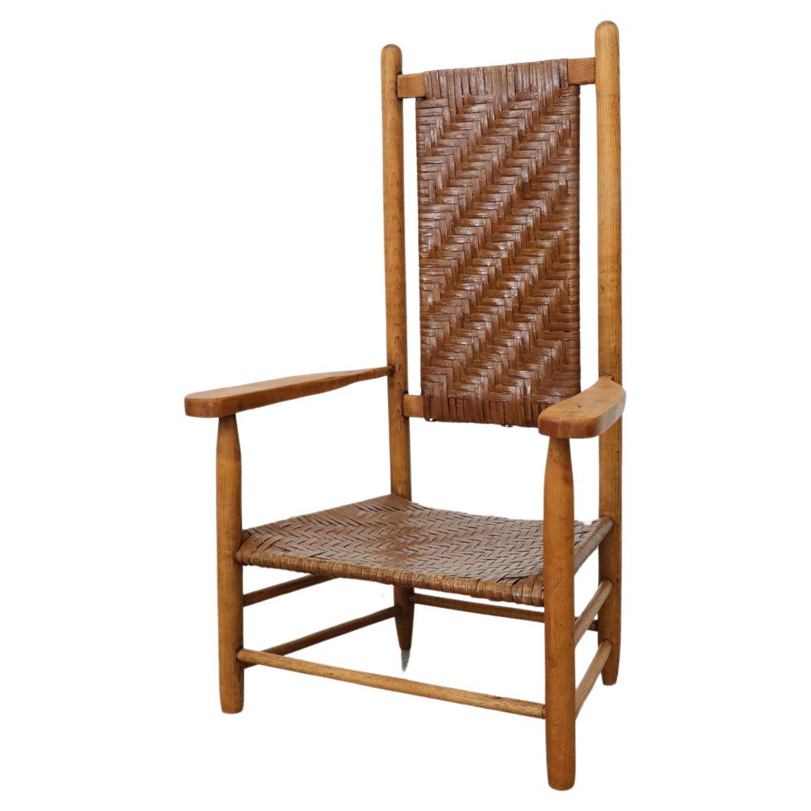 Oak and Rattan High back Throne Chair For Sale