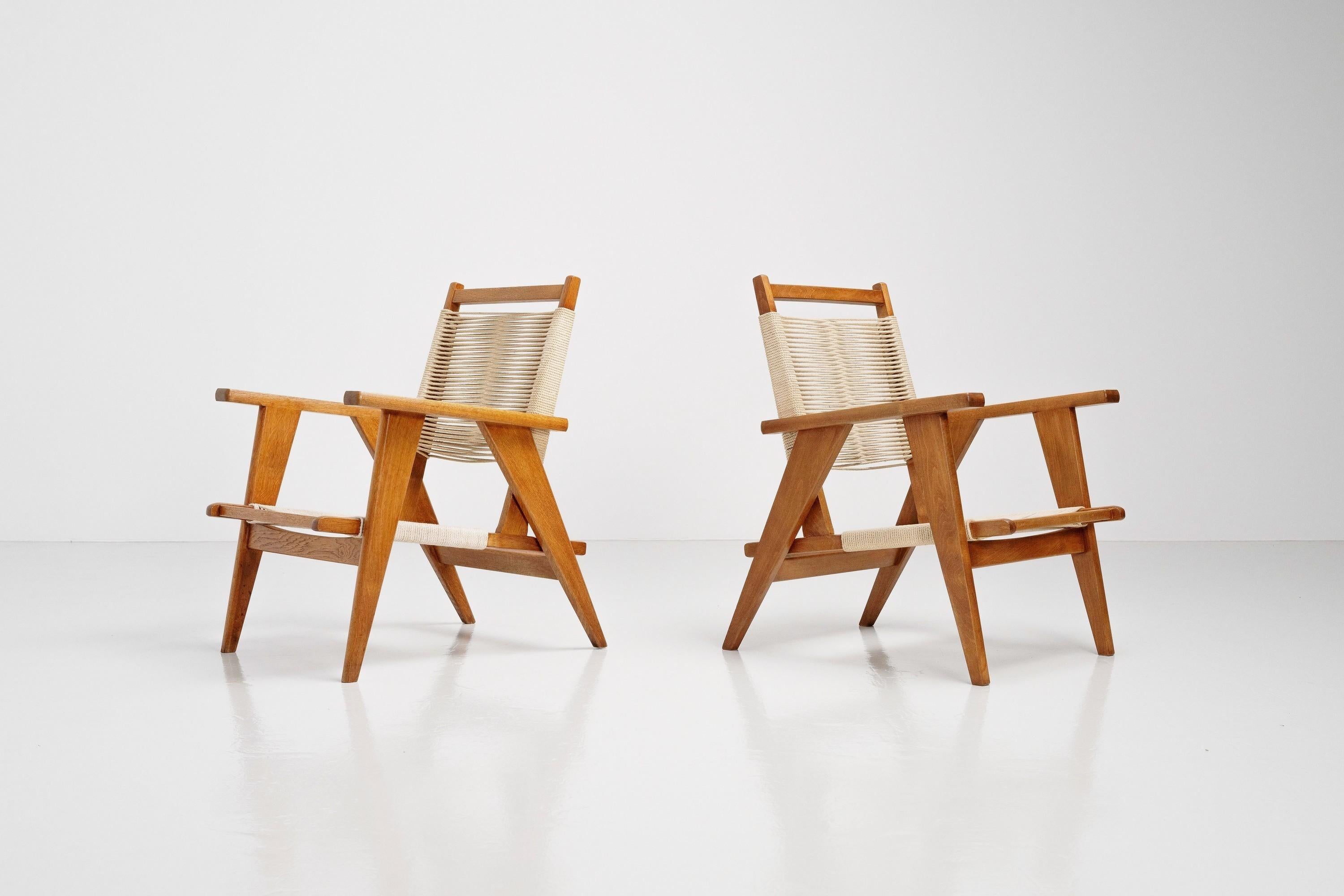 Mid-Century Modern Oak and Rope Lounge Chairs France, 1950s