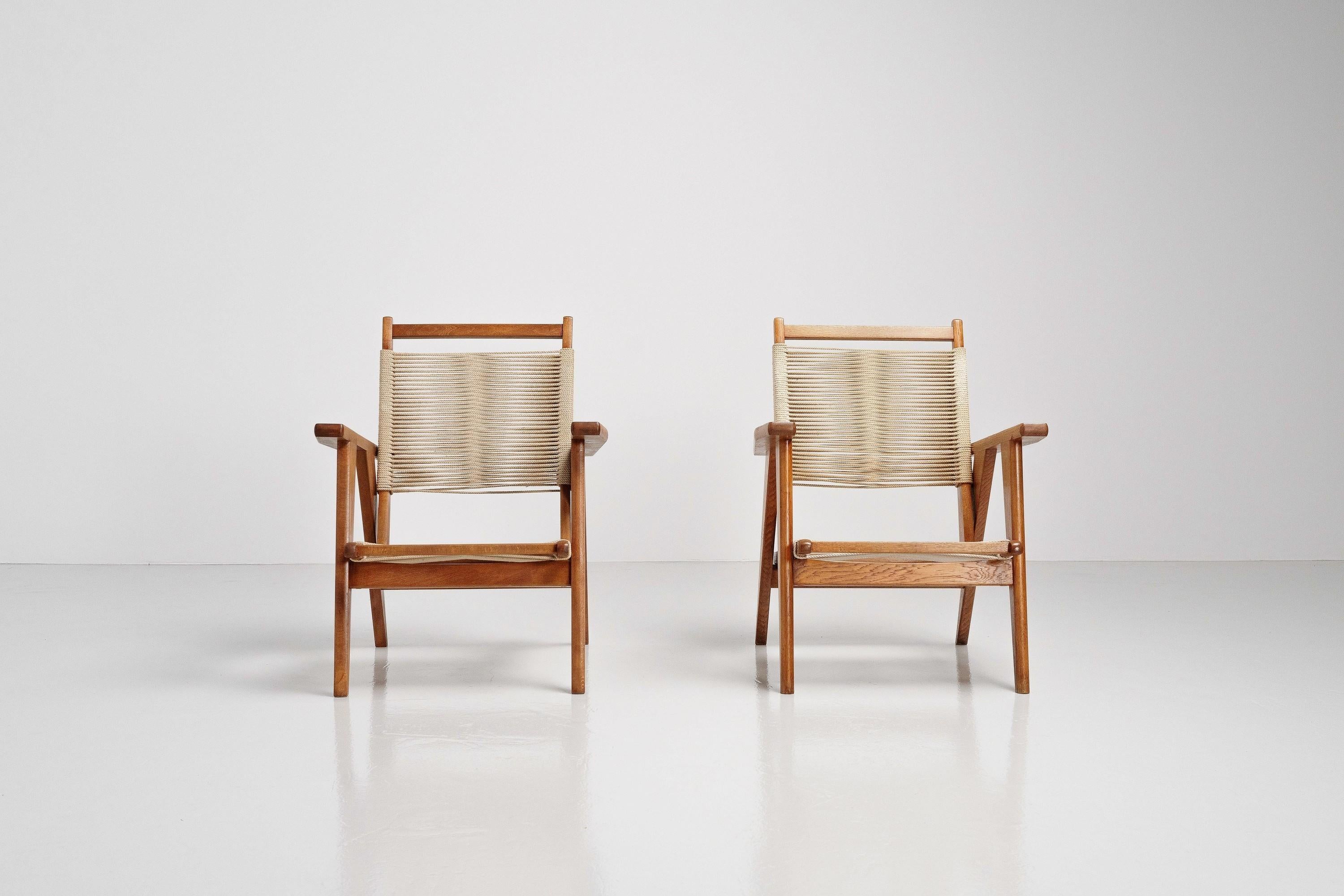 Mid-20th Century Oak and Rope Lounge Chairs France, 1950s