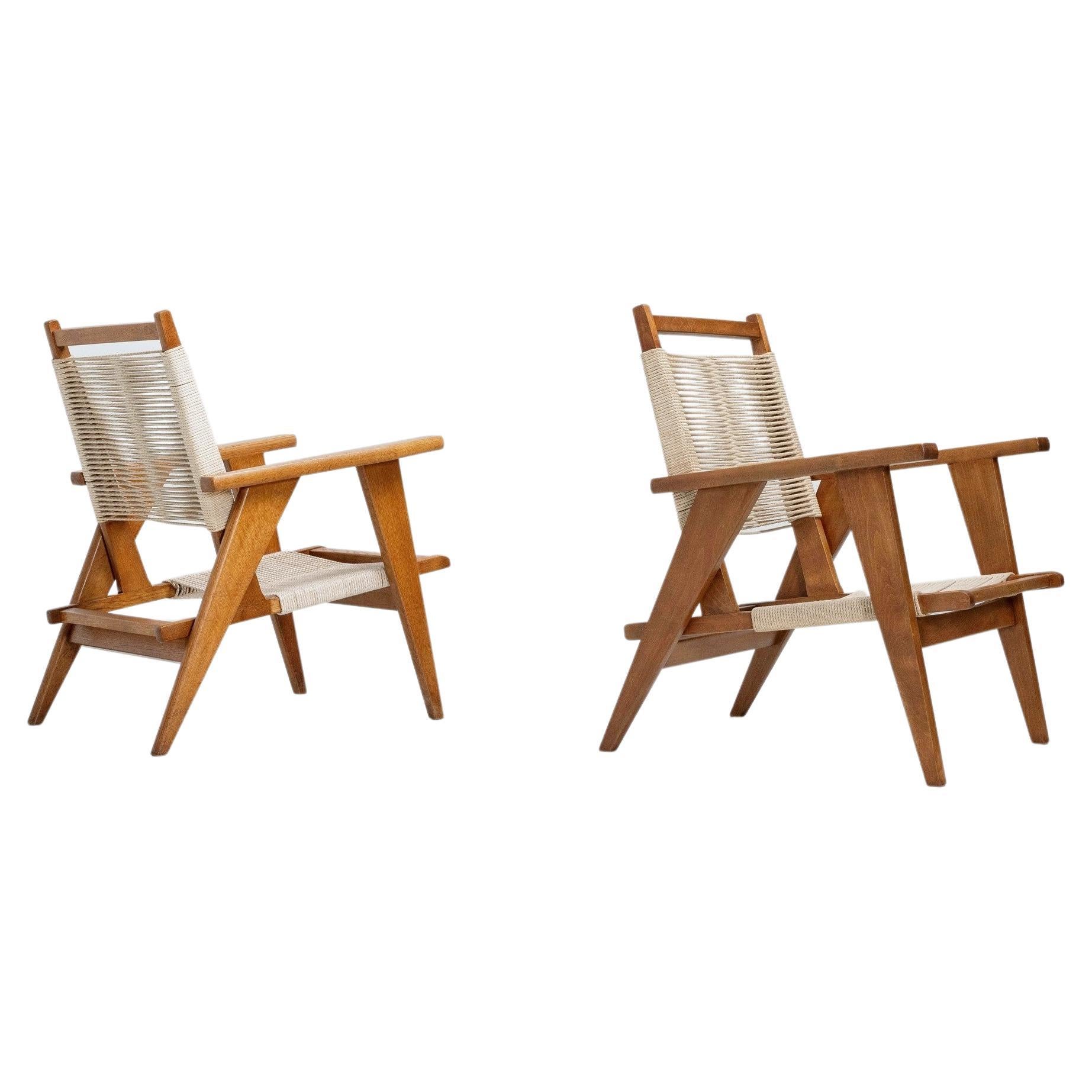 Oak and Rope Lounge Chairs France, 1950s