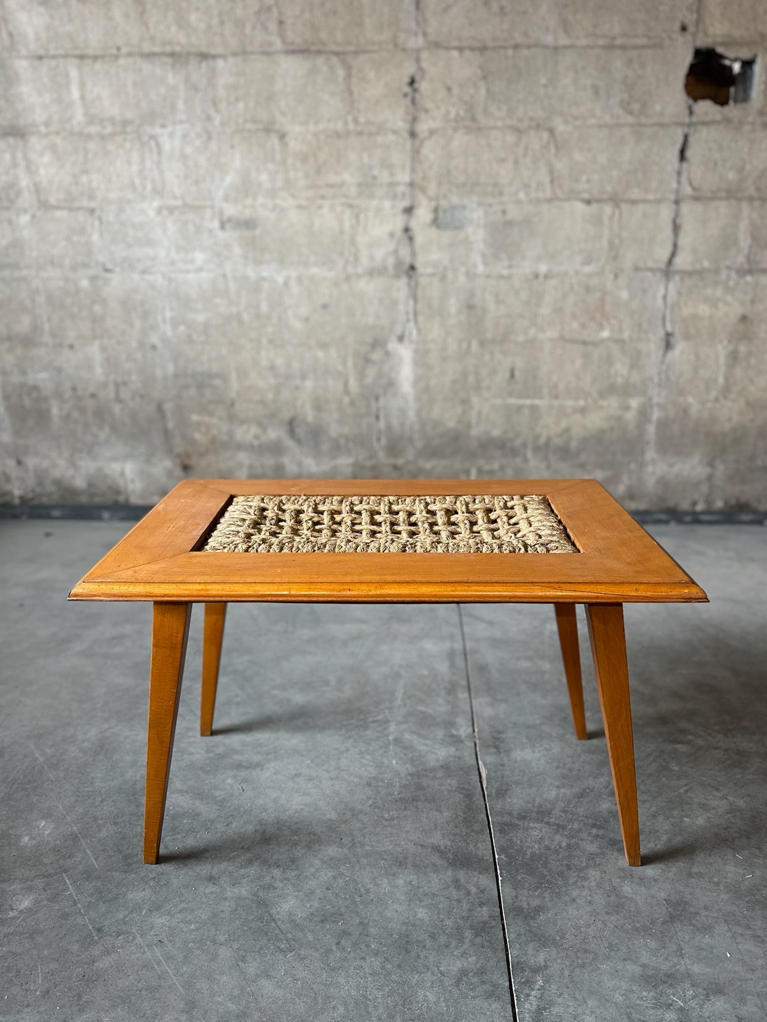 Mid-Century Modern Oak and Rope Table by Adrien Audoux and Frida Minet en vente