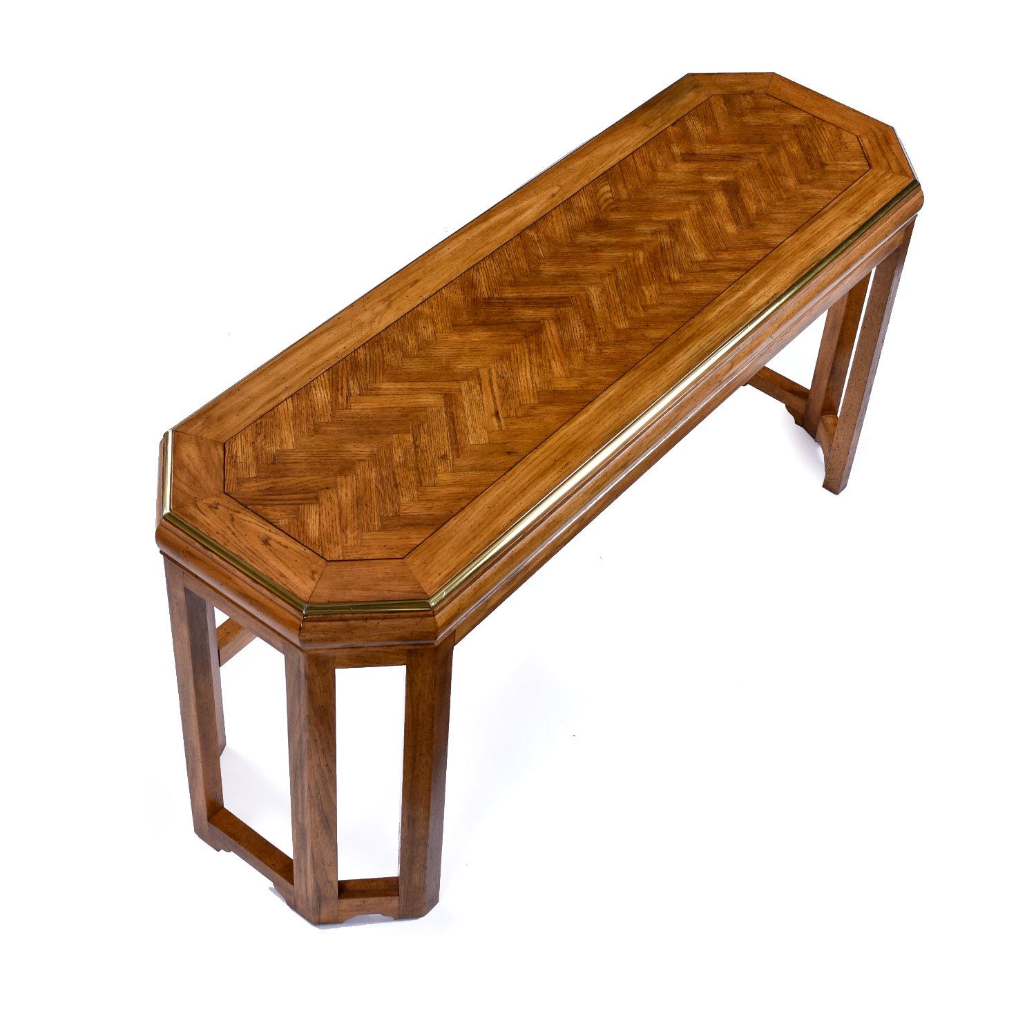 American Oak and Rosewood Wall Mirror and Gold Trim Parquet Console Table Set For Sale
