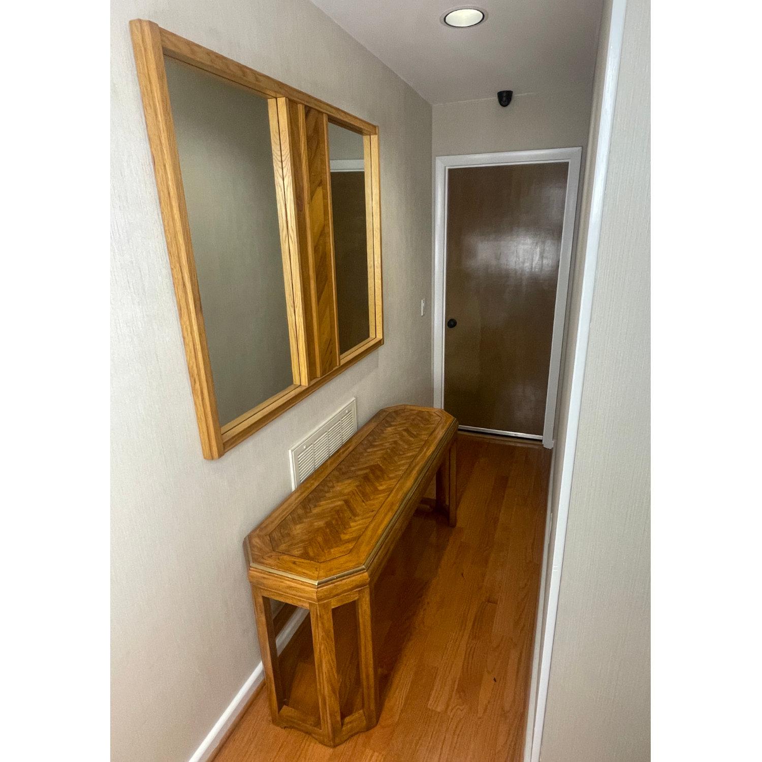 Oak and Rosewood Wall Mirror and Gold Trim Parquet Console Table Set For Sale 2