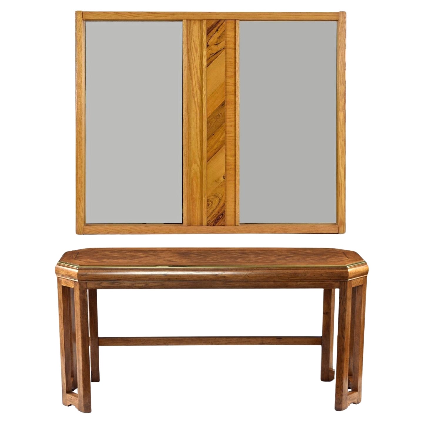 Oak and Rosewood Wall Mirror and Gold Trim Parquet Console Table Set