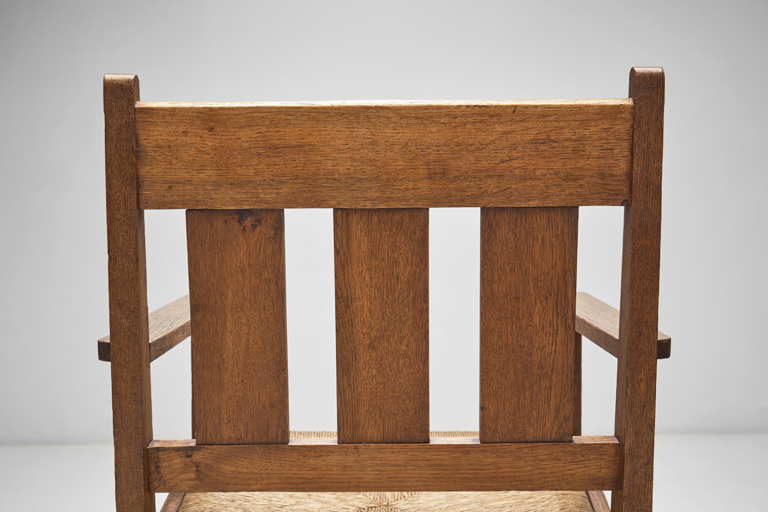 Oak and Rush Armchair by LOV, Netherlands ca 1920s For Sale 4