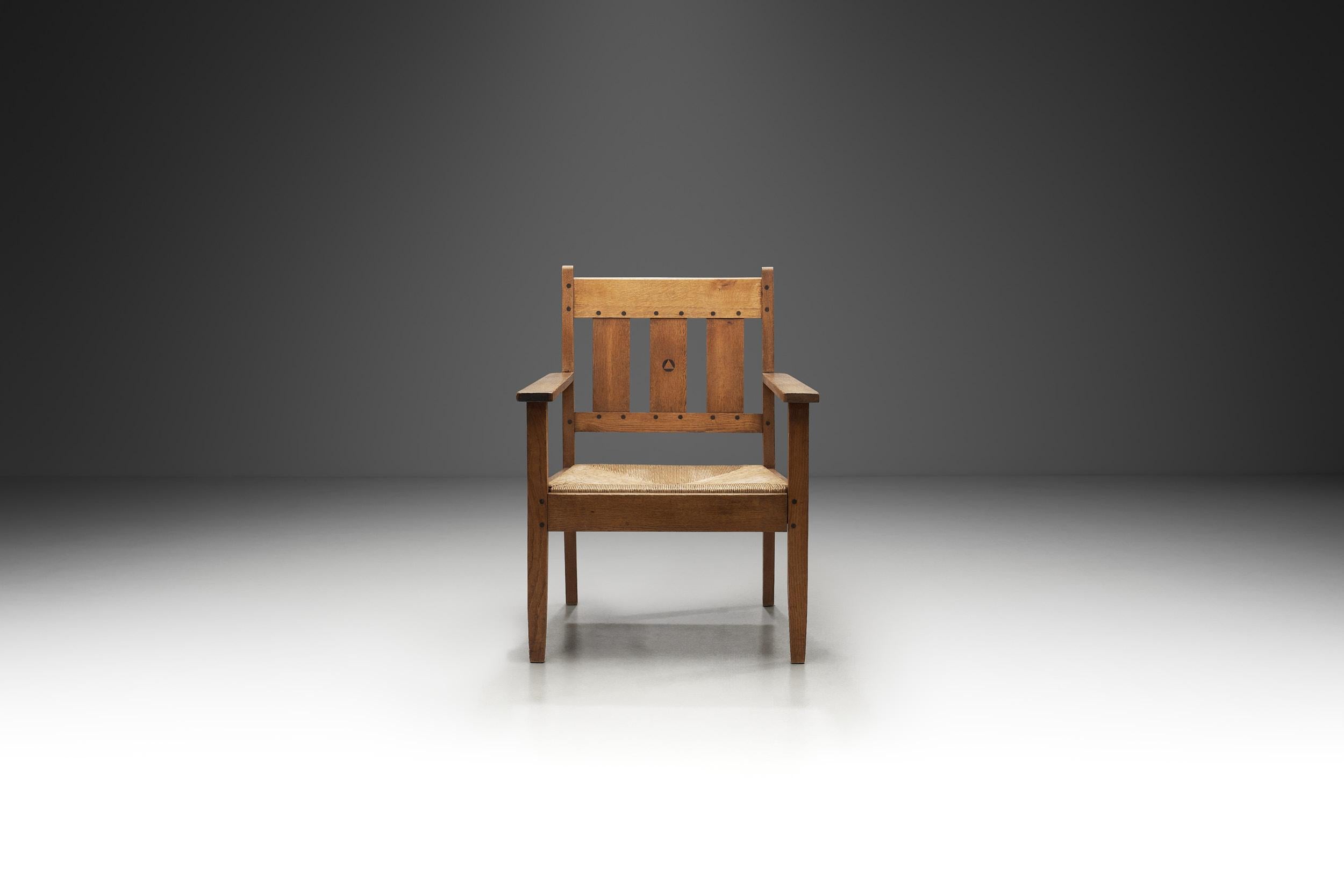 Art Nouveau Oak and Rush Armchair by LOV, Netherlands ca 1920s For Sale
