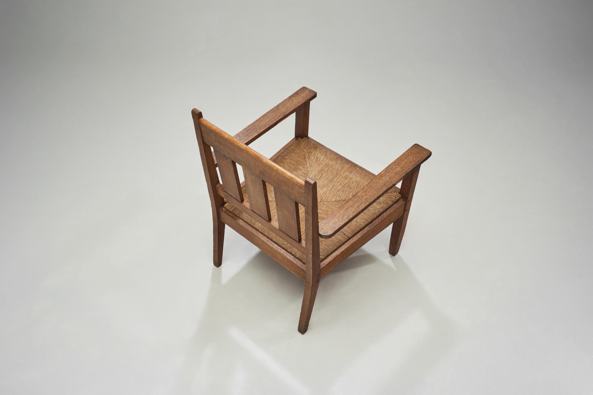 Early 20th Century Oak and Rush Armchair by LOV, Netherlands ca 1920s For Sale