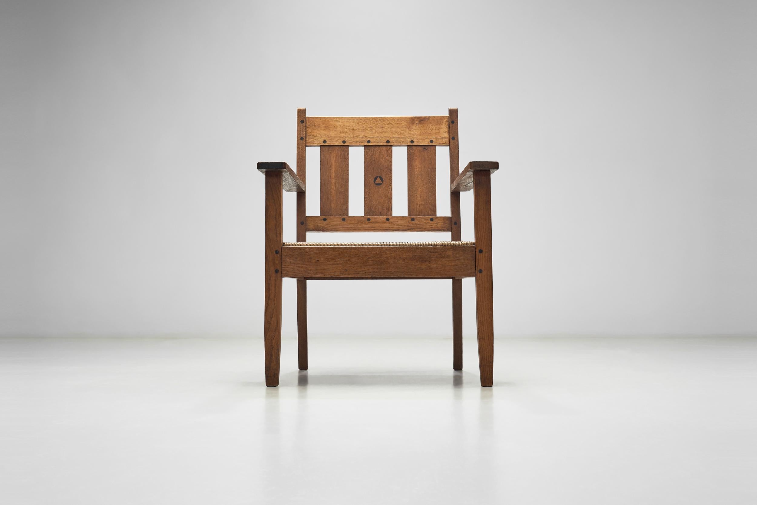 Oak and Rush Armchair by LOV, Netherlands ca 1920s For Sale 1