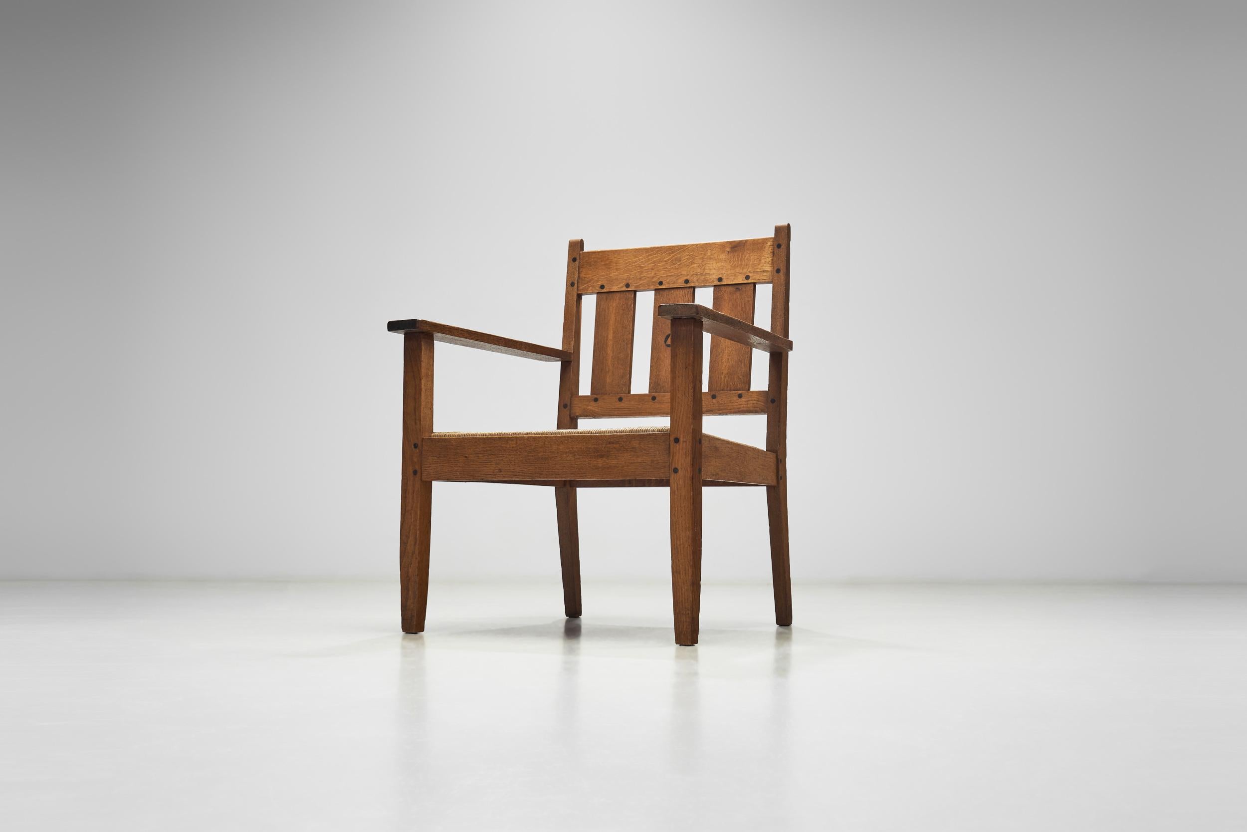 Oak and Rush Armchair by LOV, Netherlands ca 1920s For Sale 2