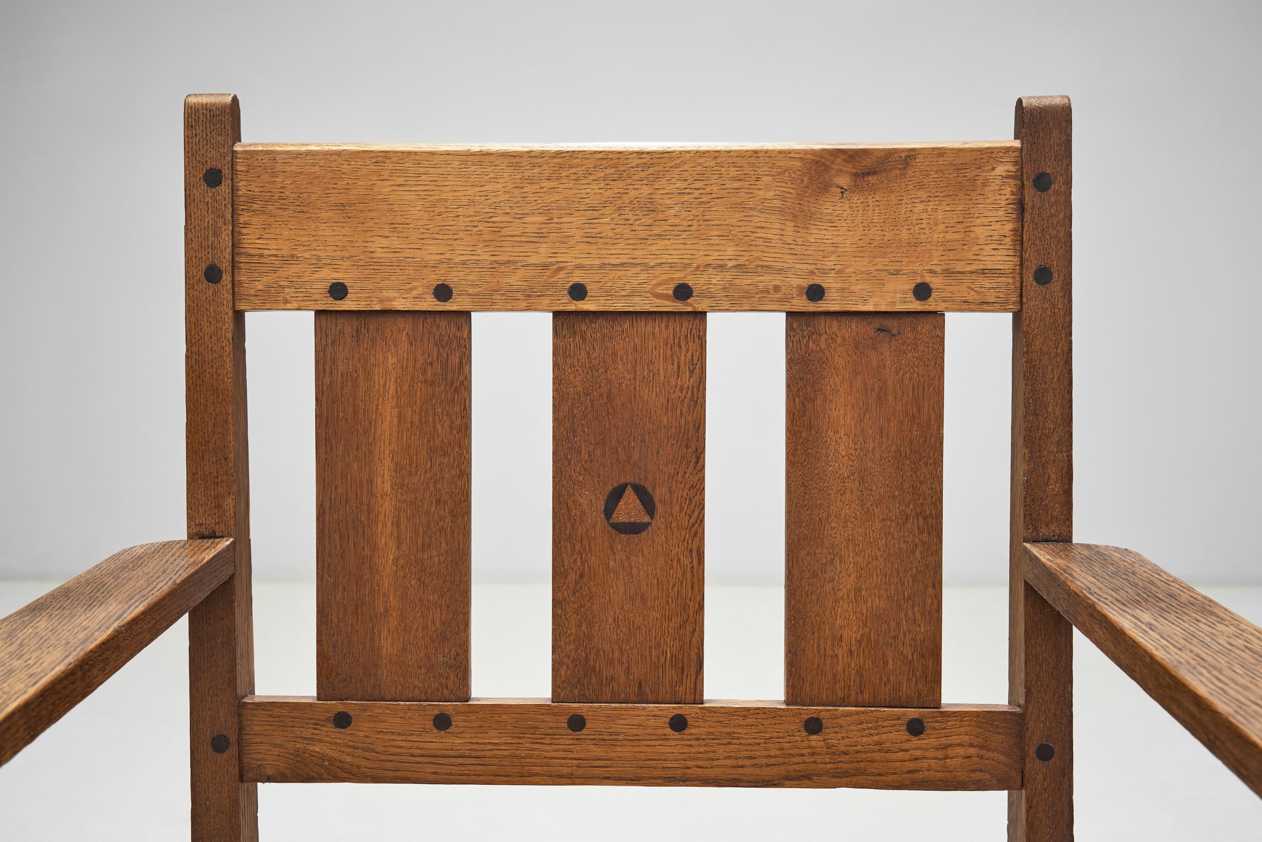 Oak and Rush Armchair by LOV, Netherlands ca 1920s For Sale 3