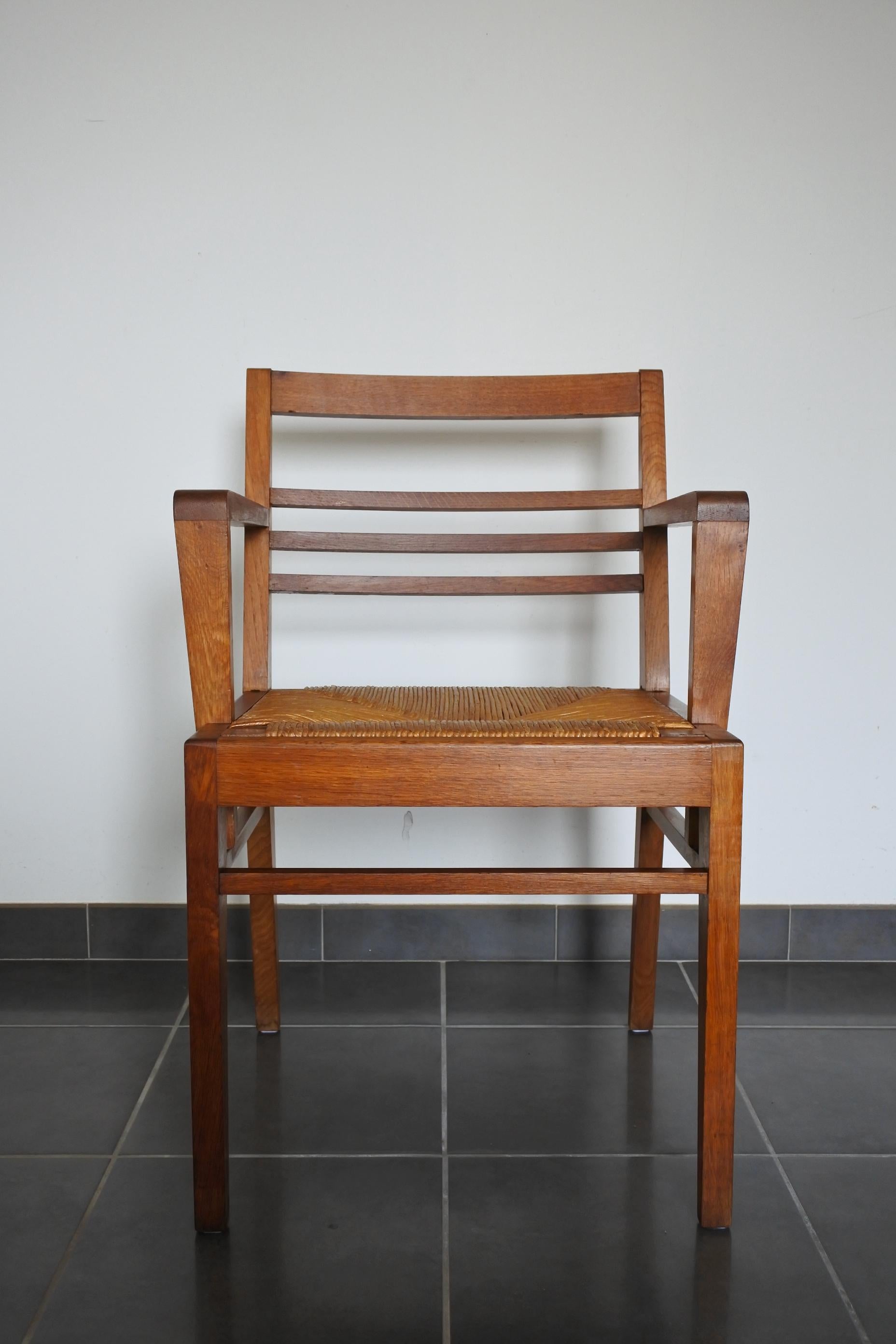 Mid-Century Modern Oak and Rush Armchair by Rene Gabriel, France, Late 1940s