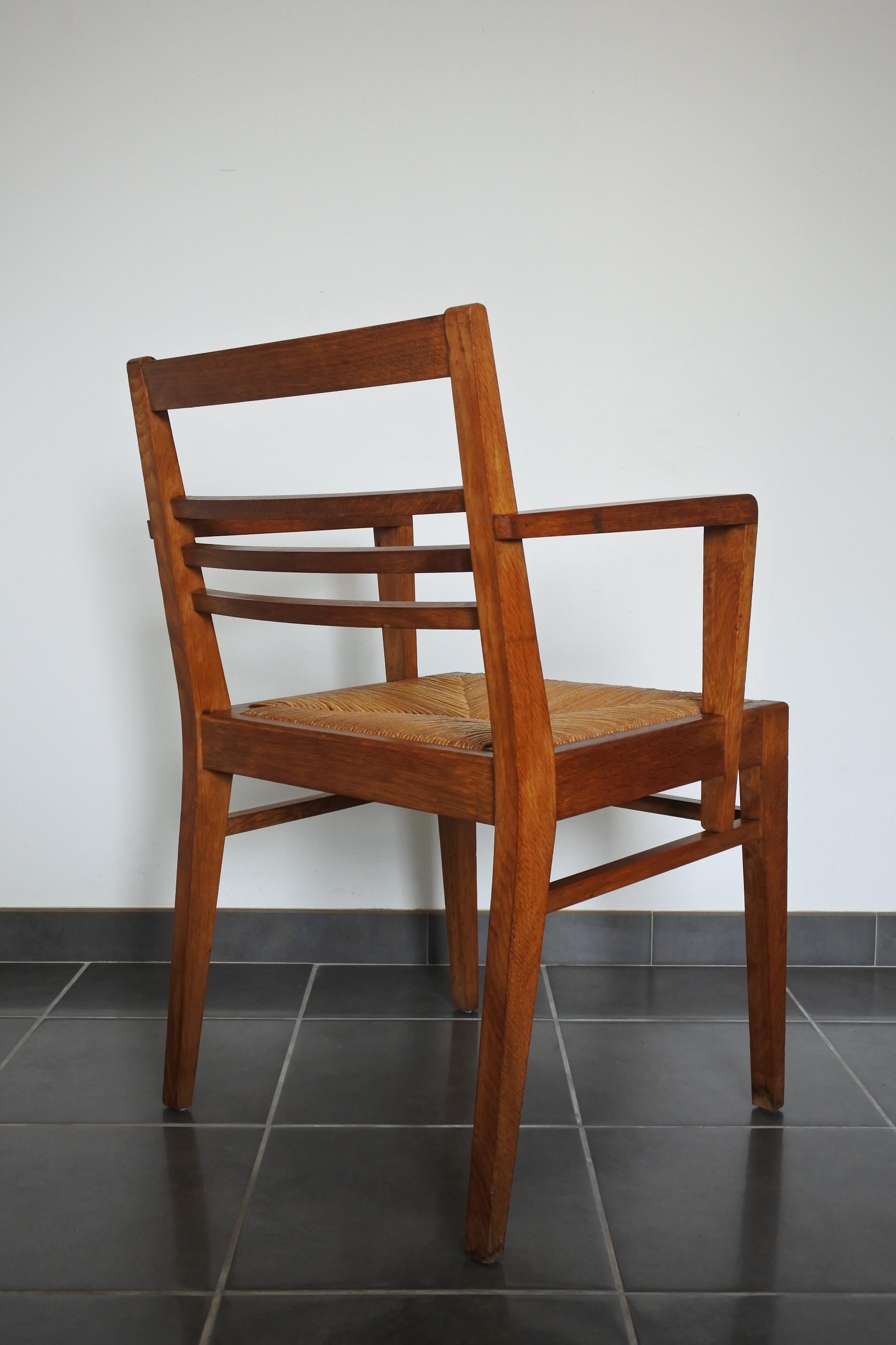 French Oak and Rush Armchair by Rene Gabriel, France, Late 1940s