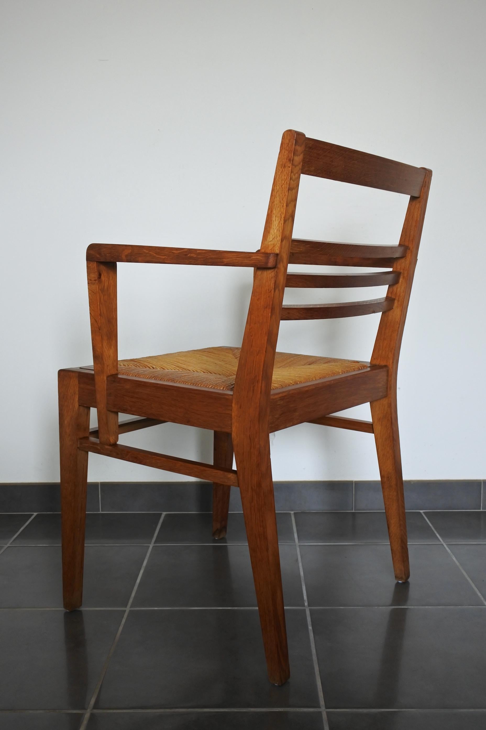 Mid-20th Century Oak and Rush Armchair by Rene Gabriel, France, Late 1940s
