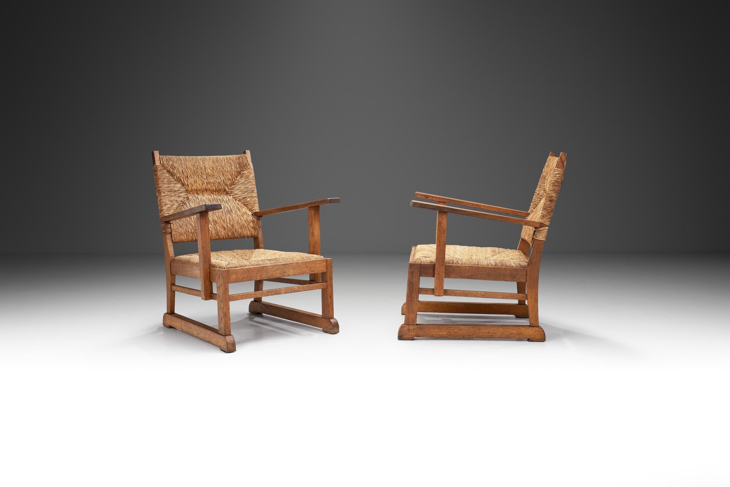 Mid-Century Modern Oak and Rush Armchairs, The Netherlands 1930s For Sale