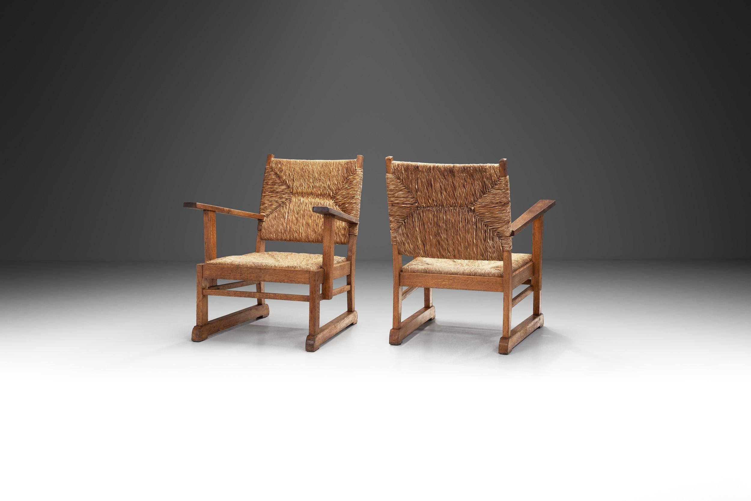 Dutch Oak and Rush Armchairs, The Netherlands 1930s For Sale
