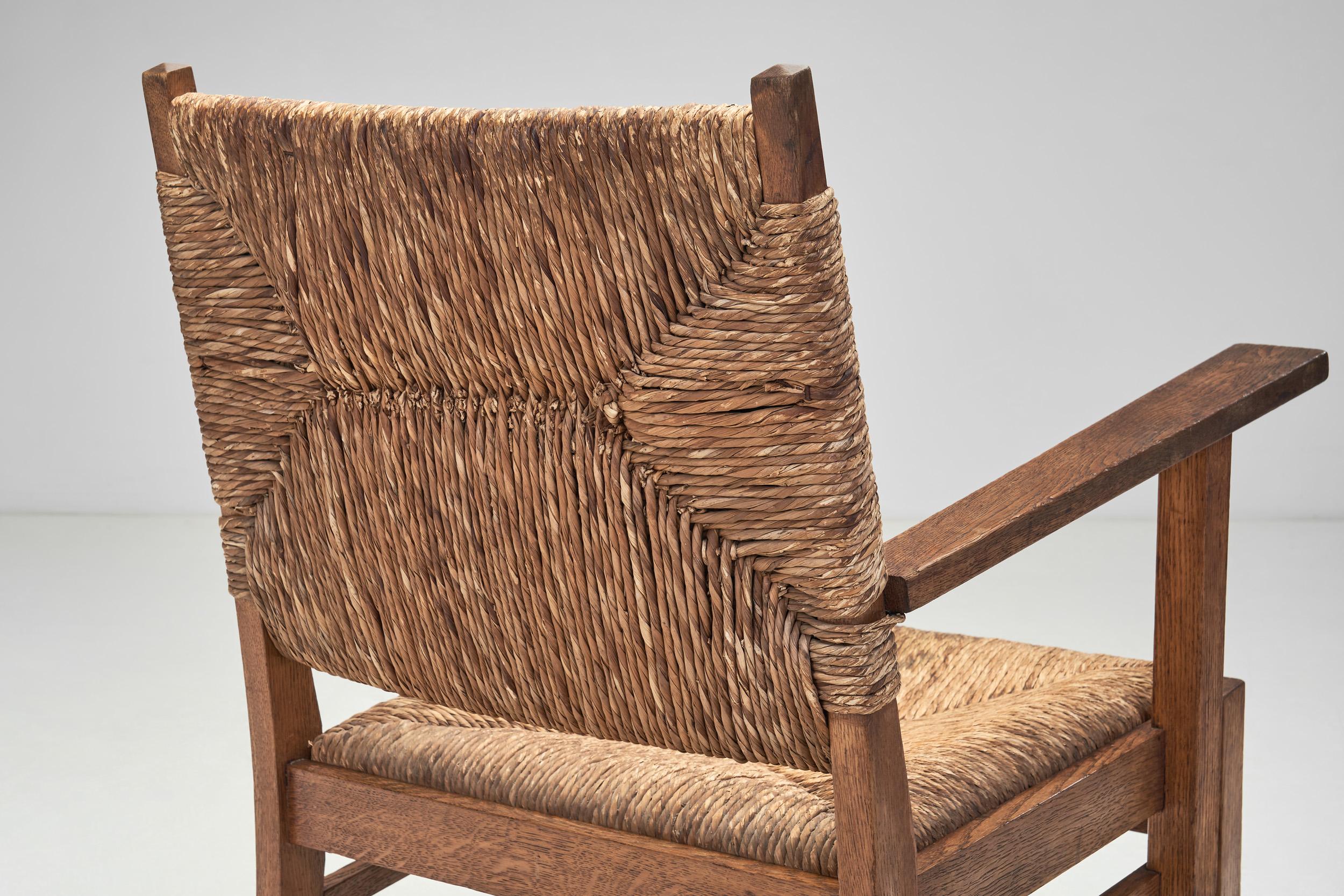 Oak and Rush Armchairs, The Netherlands 1930s For Sale 1