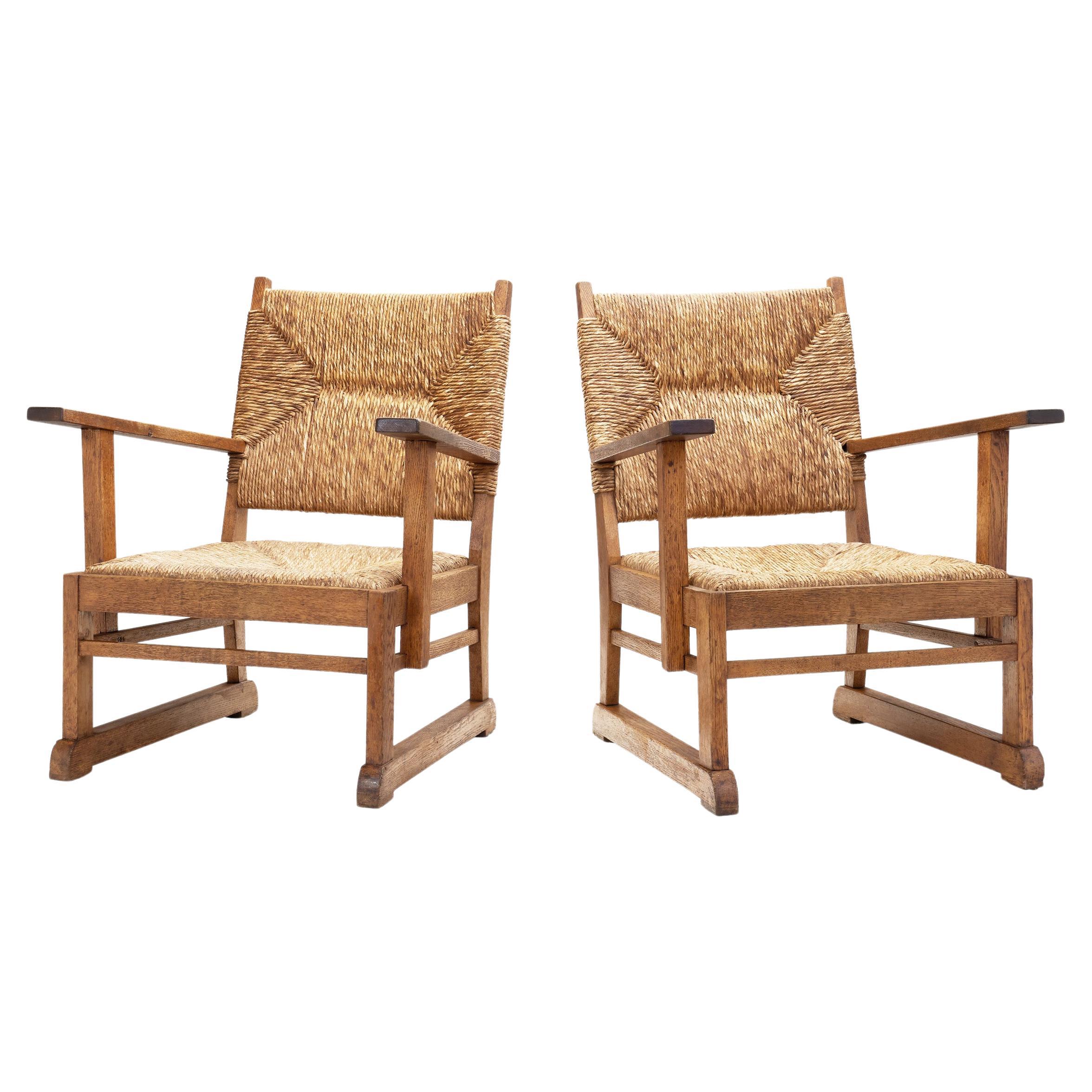Oak and Rush Armchairs, The Netherlands 1930s For Sale