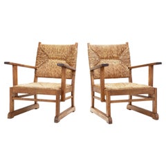 Vintage Oak and Rush Armchairs, The Netherlands 1930s