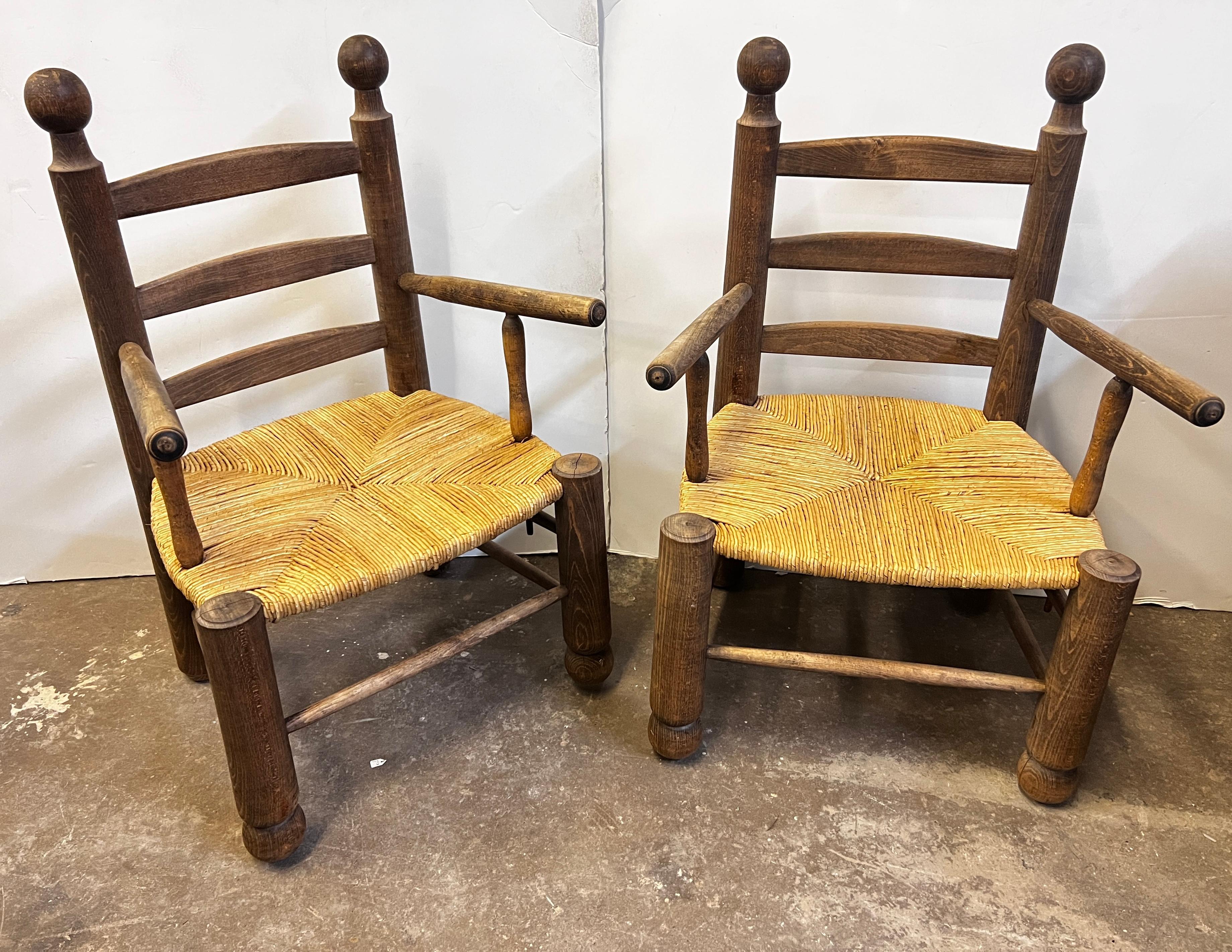 Mid-Century Modern Oak and Rush Chairs Attributed to Charles Dudouyt, Pair