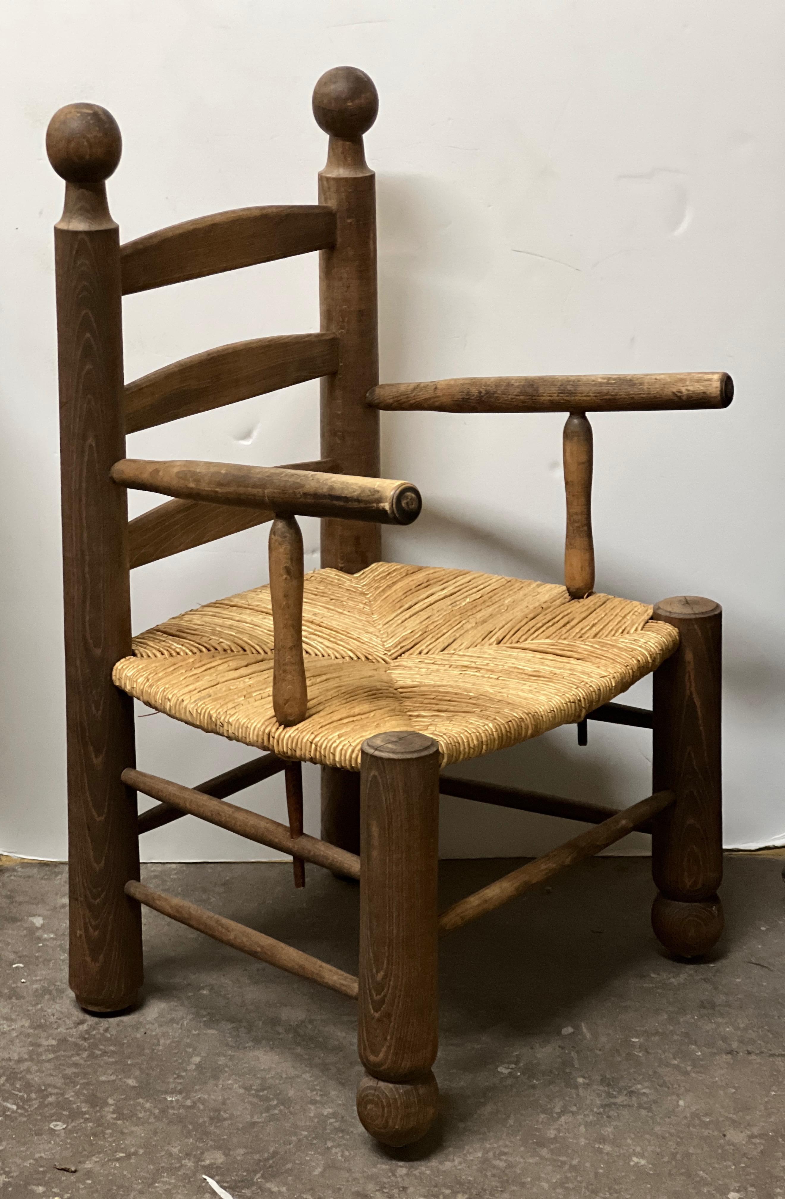 Mid-20th Century Oak and Rush Chairs Attributed to Charles Dudouyt, Pair