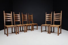 Oak and Rush High Back Dining Chairs, France, 1960s