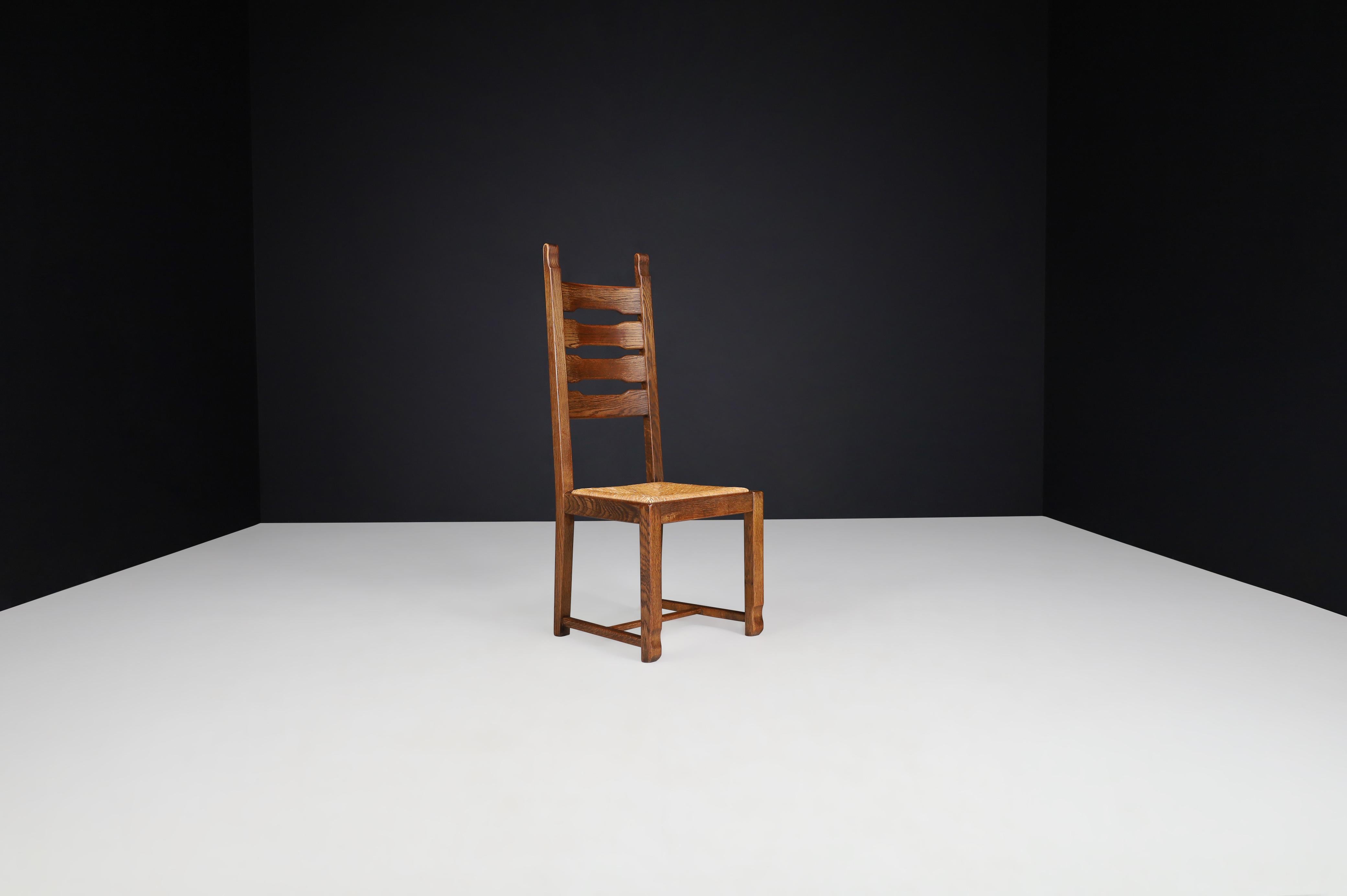 20th Century Oak and Rush High Back Dining Chairs, France, 1960s For Sale