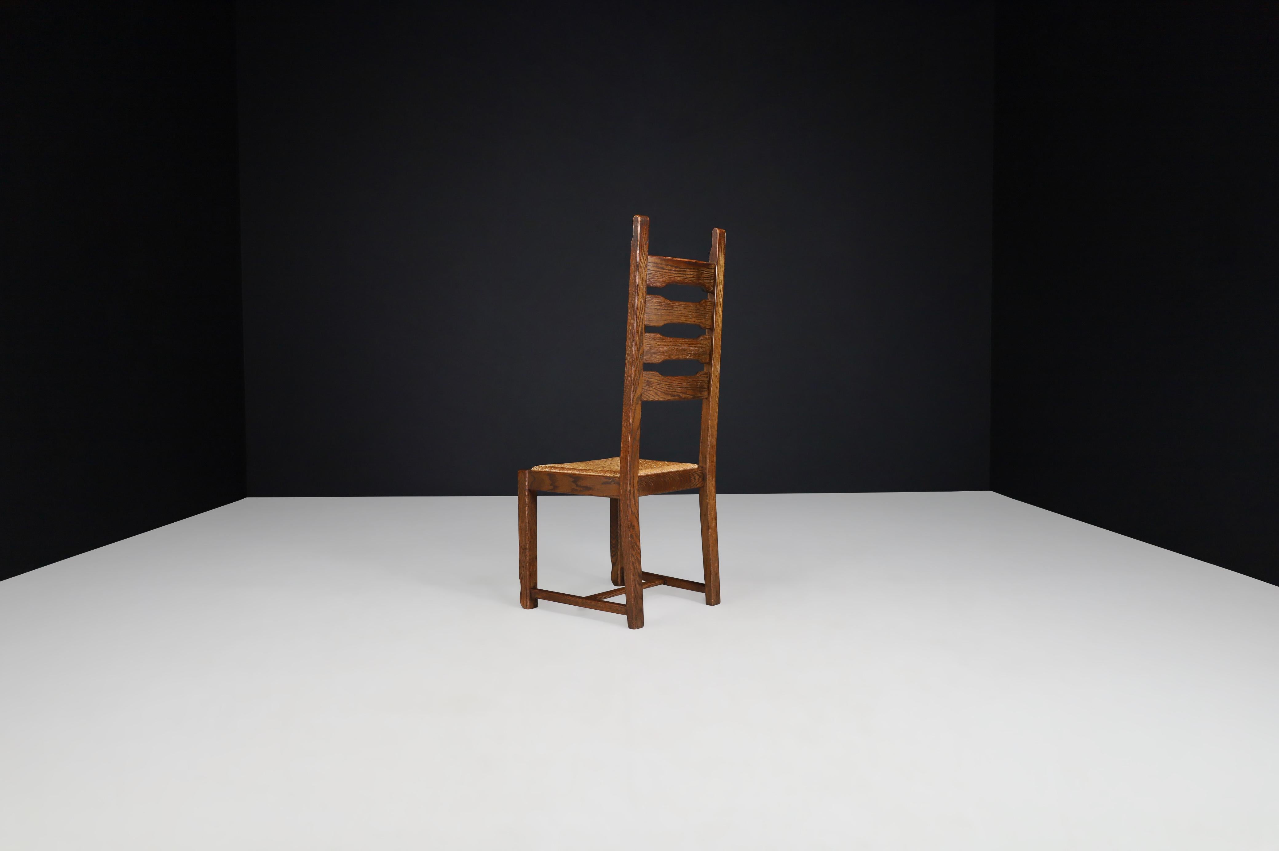 Oak and Rush High Back Dining Chairs, France, 1960s For Sale 1