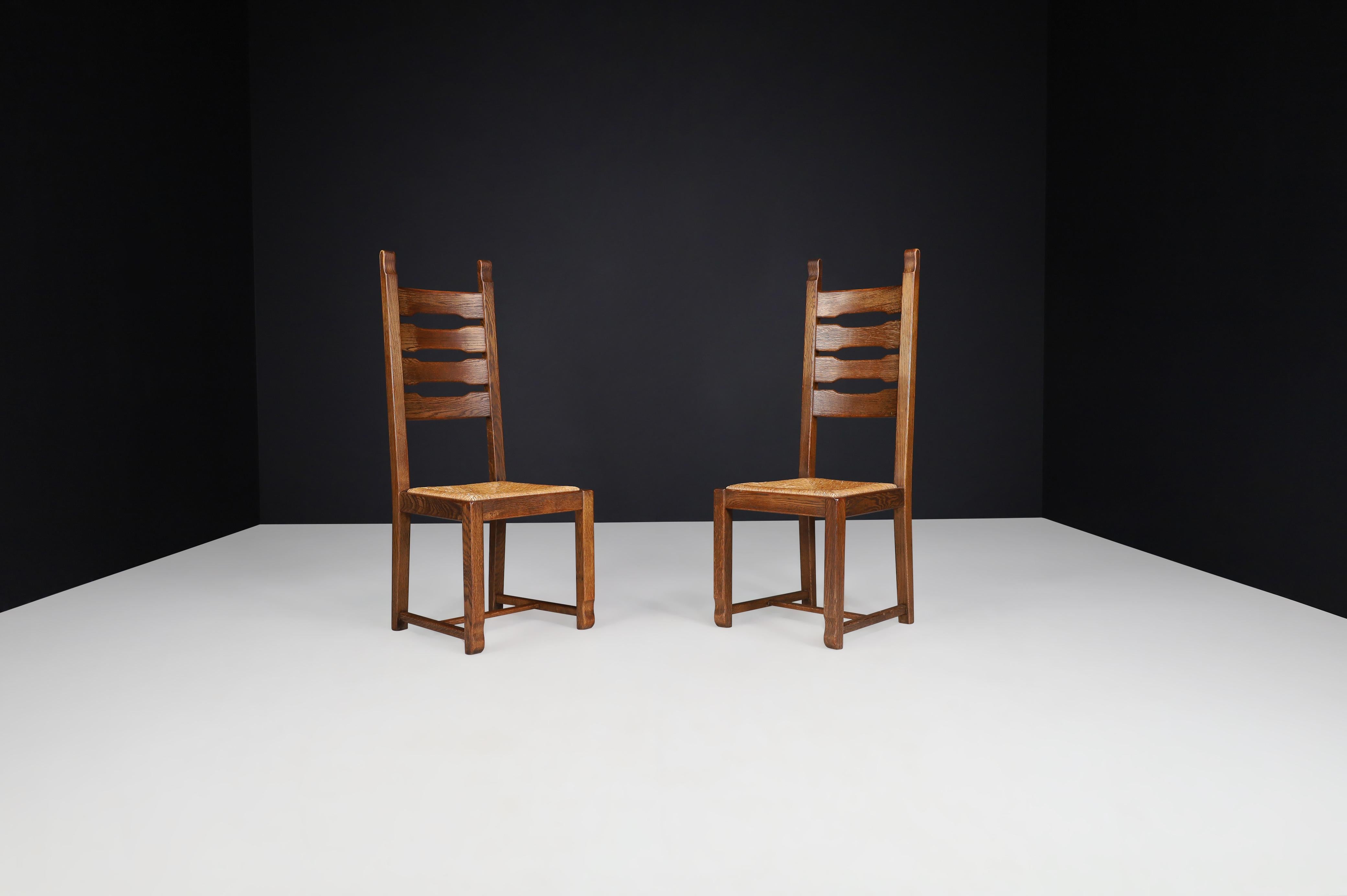 Oak and Rush High Back Dining Chairs, France, 1960s For Sale 2