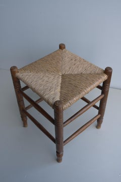 Oak and Rush Mid-Century Modern Stool in style of Charles Dudouyt, France 1960's
