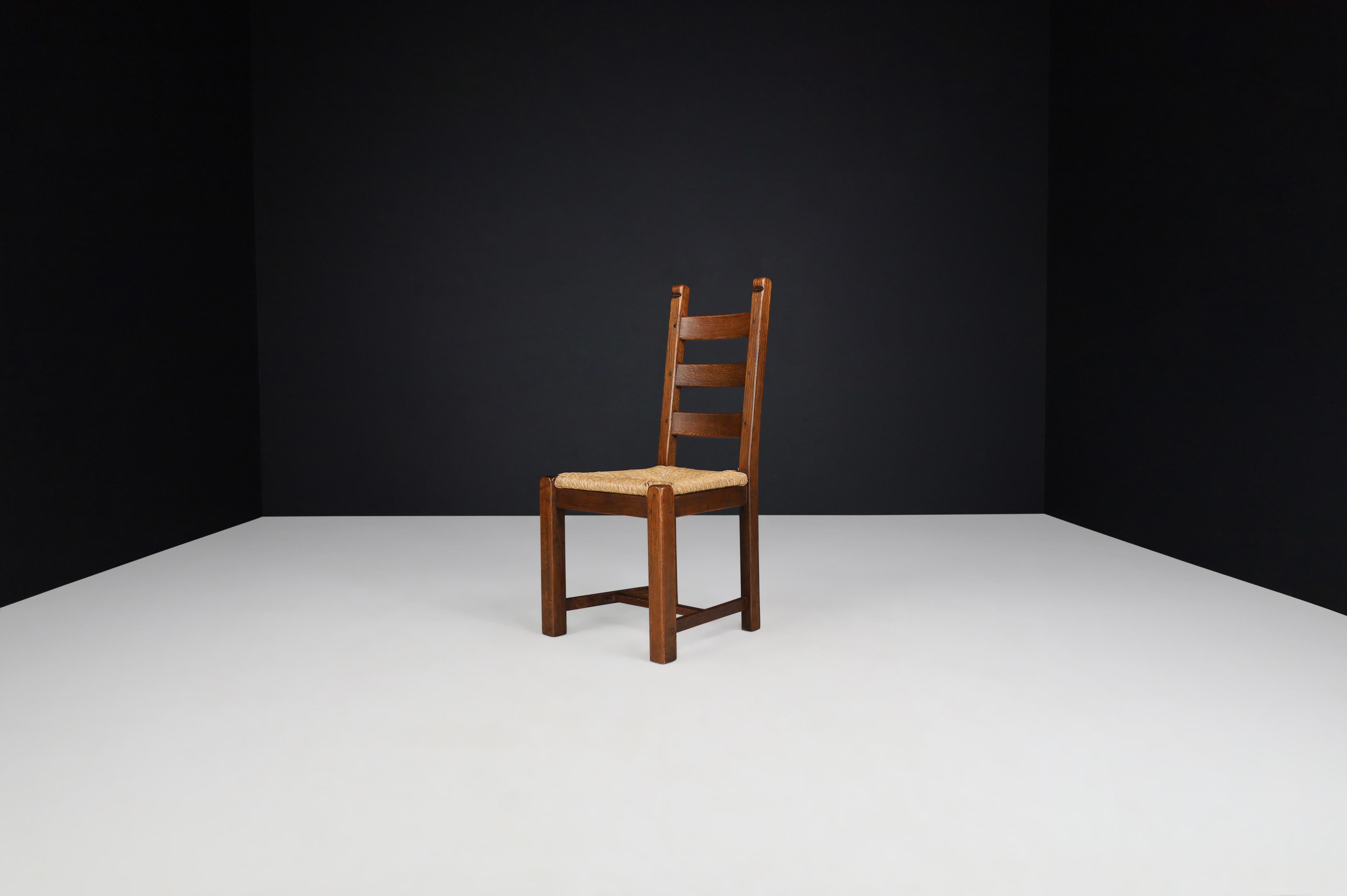 French Oak and Rush Rustic Dining Chairs, France, 1960s