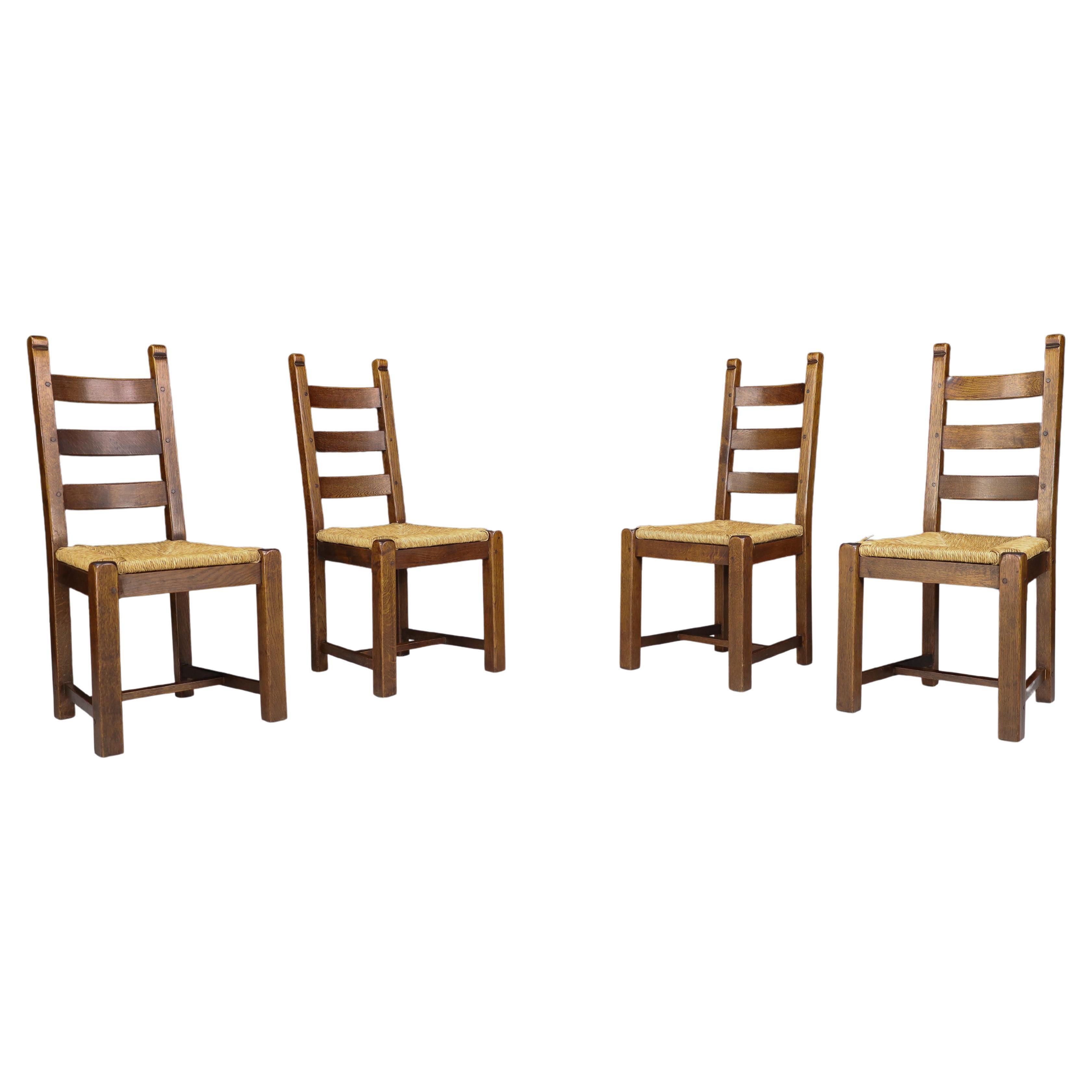 Oak and Rush Rustic Dining Chairs, France, 1960s For Sale