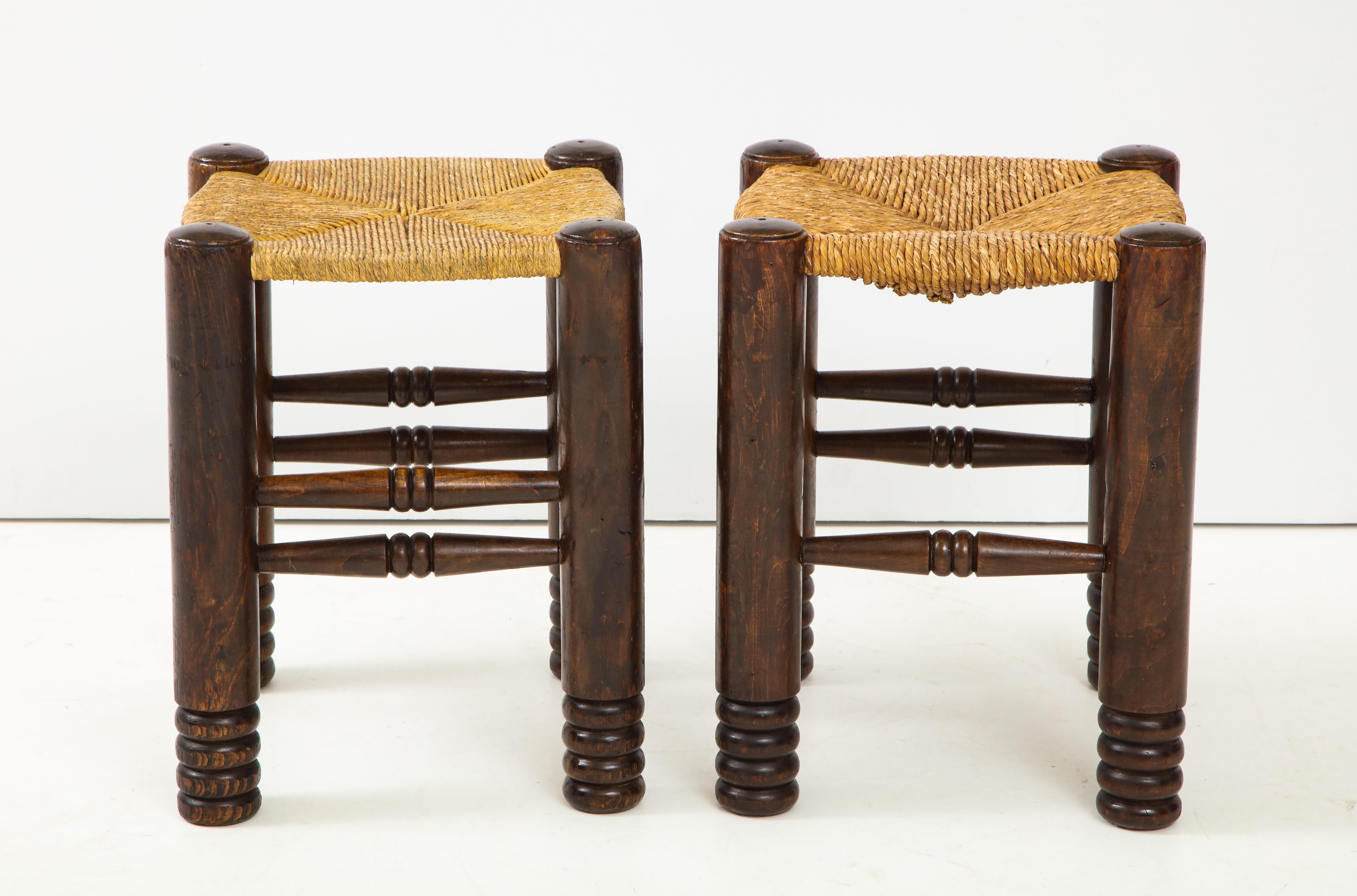 Arts and Crafts Oak and Rush Stool by Charles Dudouyt, France, circa 1930s
