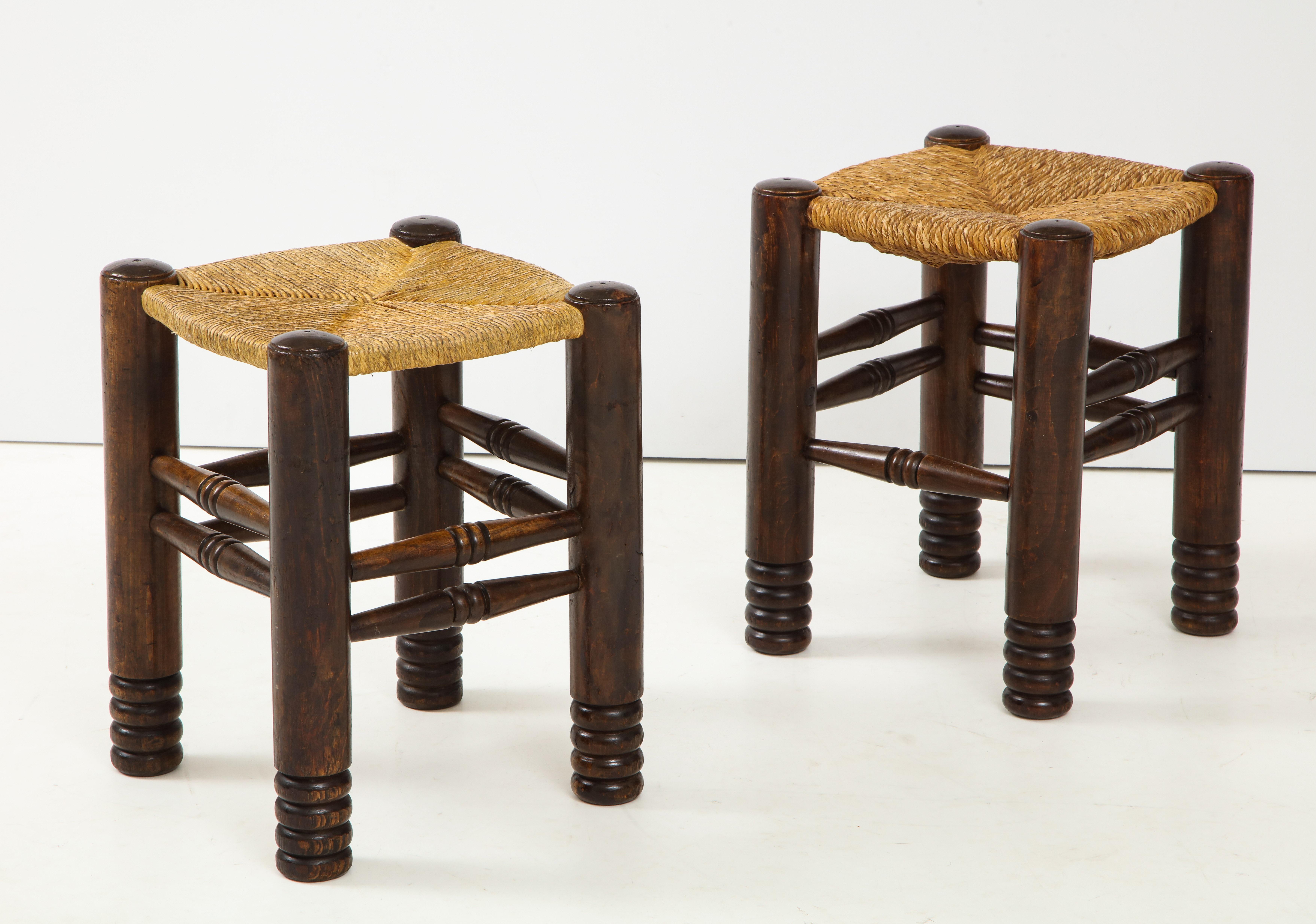 French Oak and Rush Stool by Charles Dudouyt, France, circa 1930s